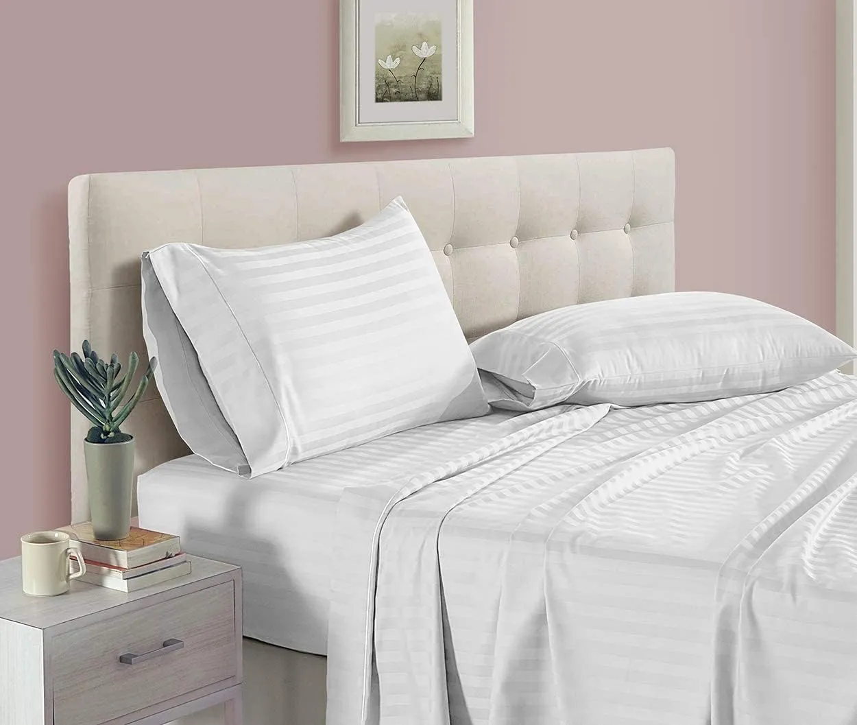 Bed Sheet Set of 5PCs, White Stripe,Full-XL Size, 1 Fitted Sheet (15"-16") Deep Pocket, 1 Flat Sheet, 1 Duvet Cover with Zipper and 2 Pillowcases, Pure Egyptian Cotton, 400 Thread Count.