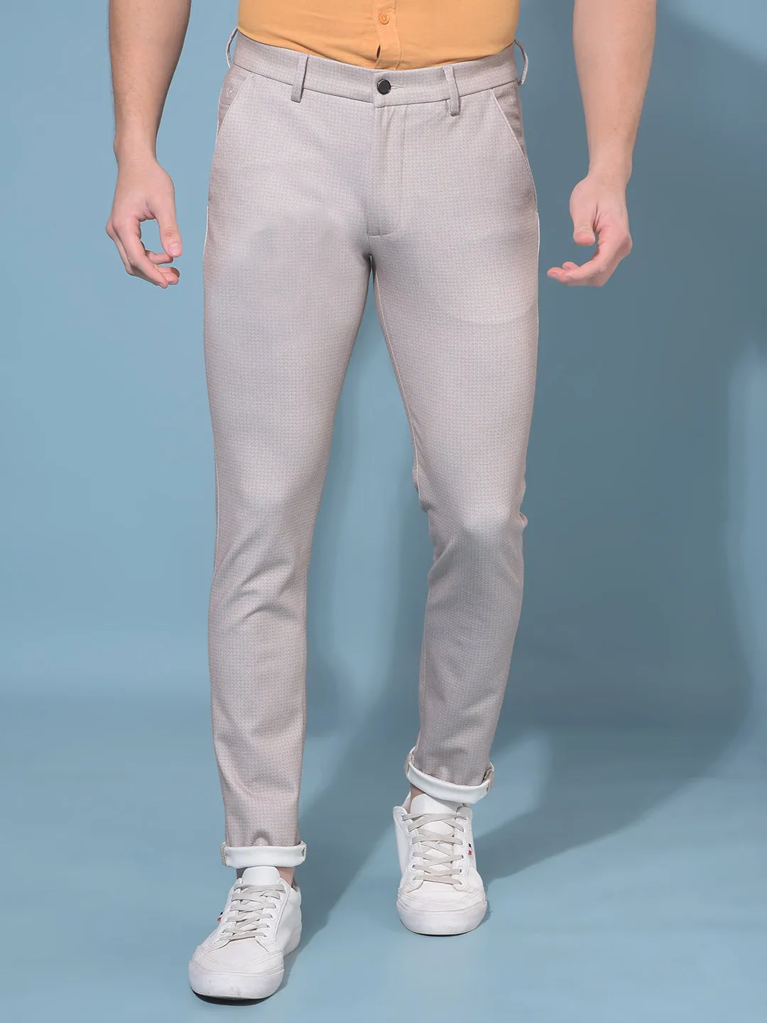 Beige Stretchable Printed Trousers