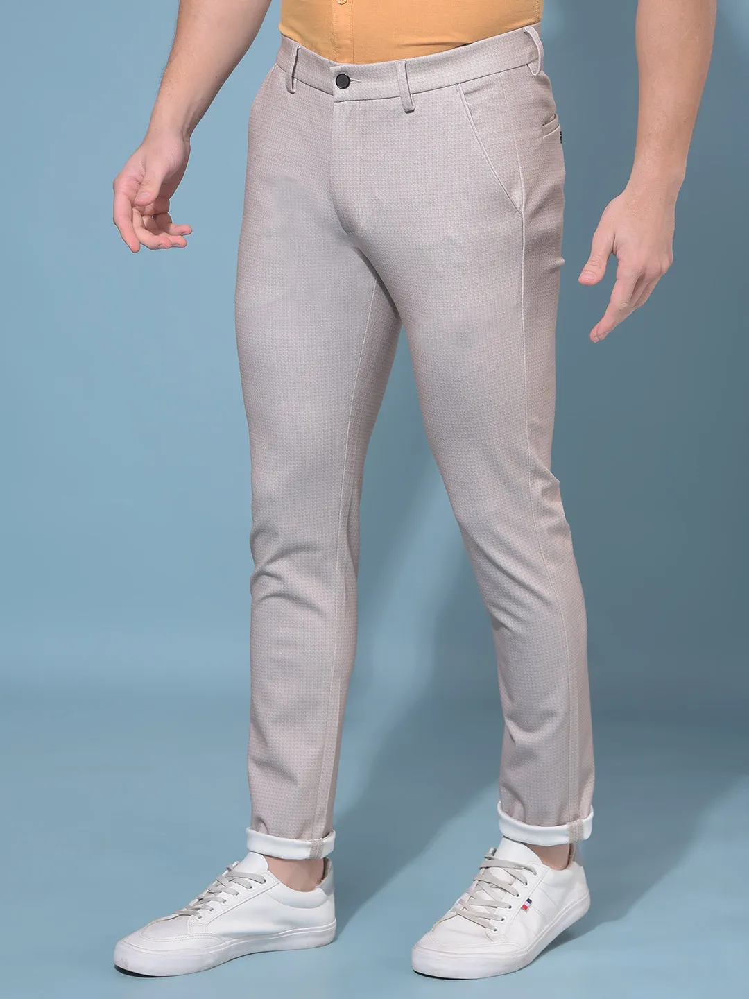 Beige Stretchable Printed Trousers