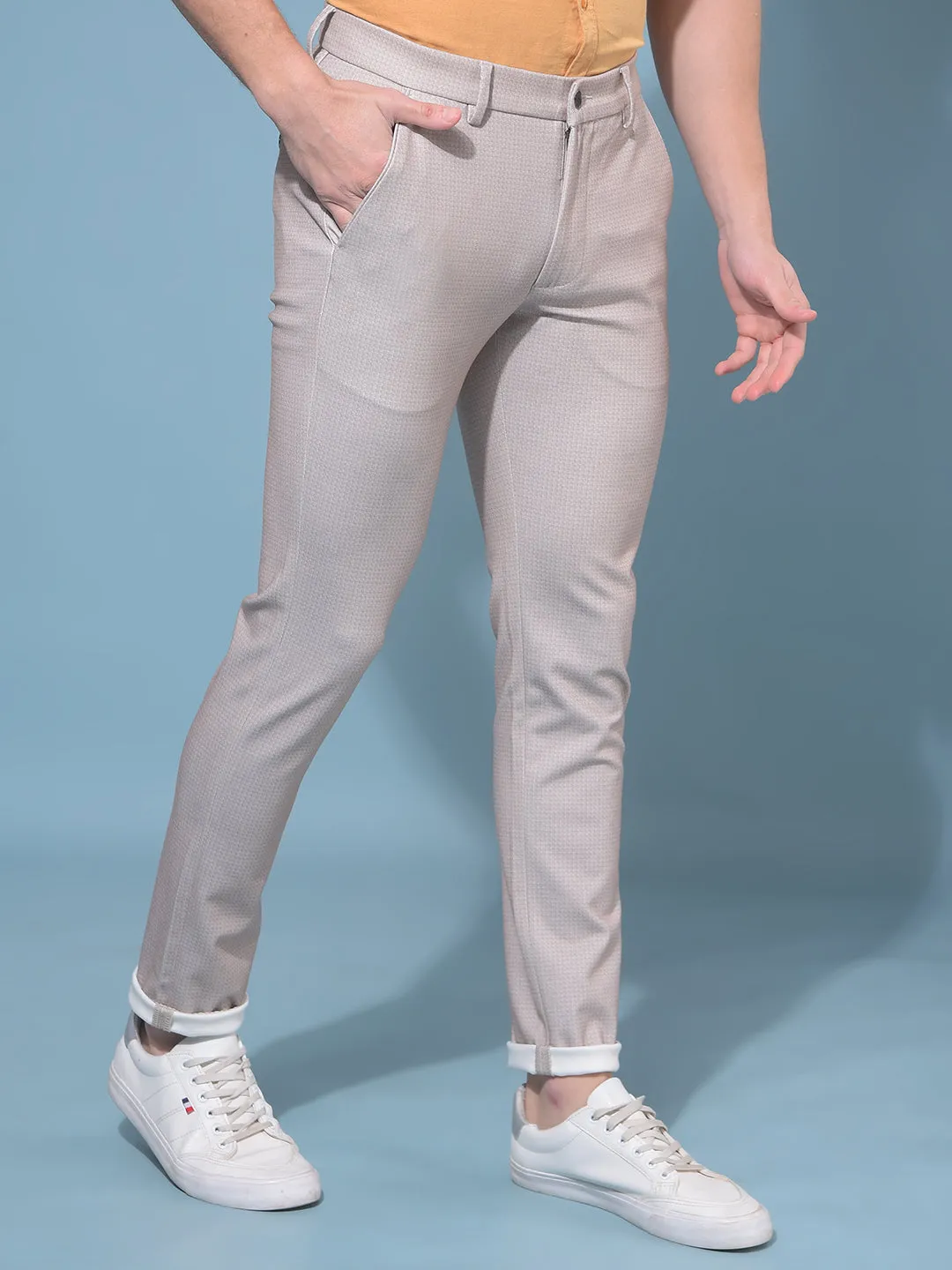 Beige Stretchable Printed Trousers