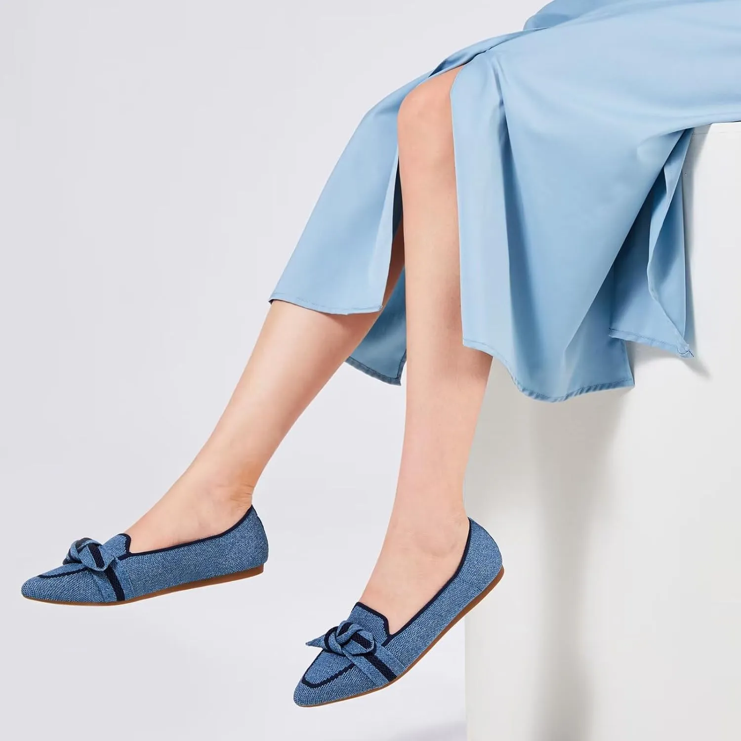 BEJINASH Women's Loafer Flats Casual Knit Fabric Lightweight Dressy Shoes Washable Elegant Pointed-Toe lace-up Bow Shoes Comfortable Ballet Shoes for Women Perfect for Daily
