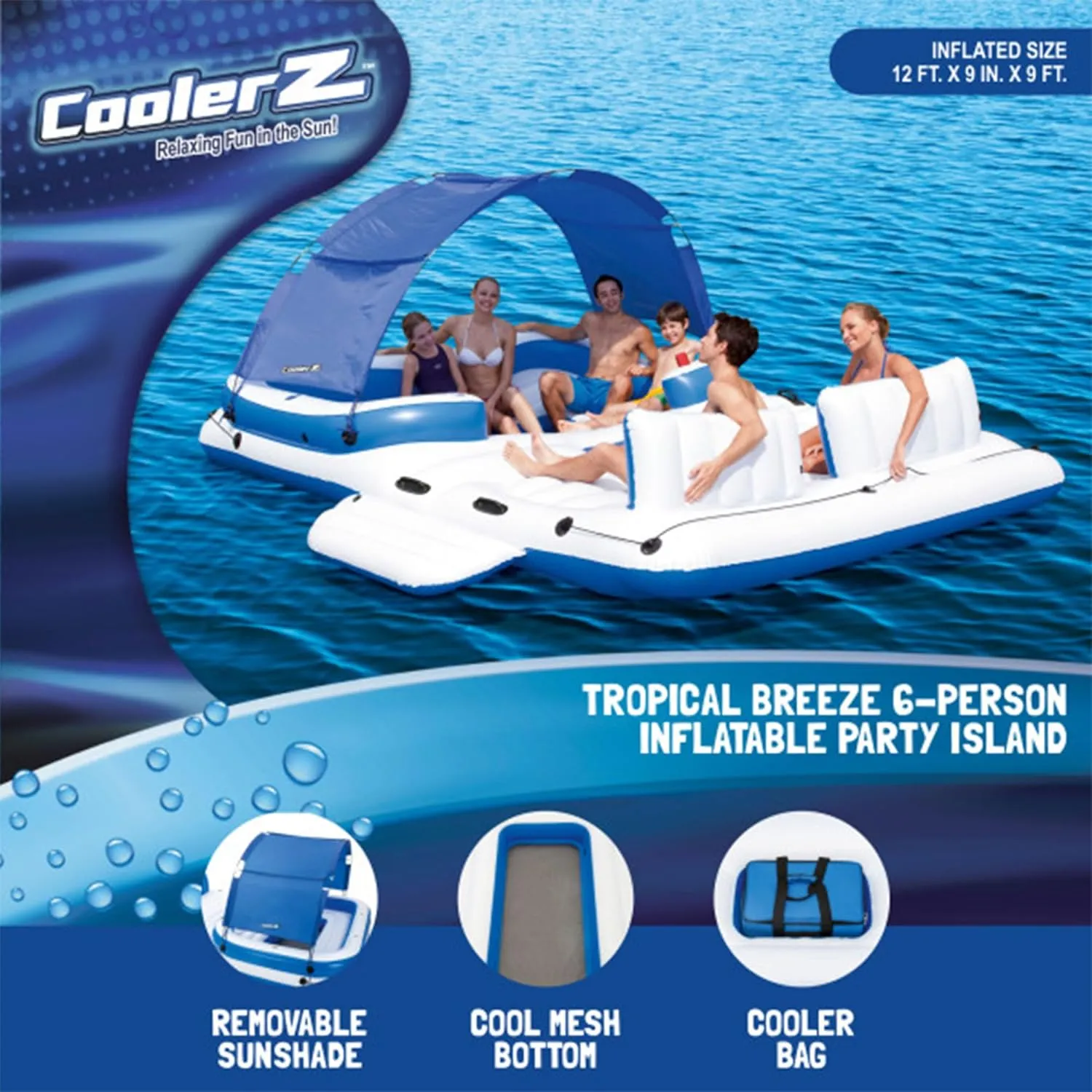 Bestway CoolerZ Tropical Breeze 6 Person Inflatable Party Island Large Relaxing Water Float with Detachable Sunshade and Cooler Bag