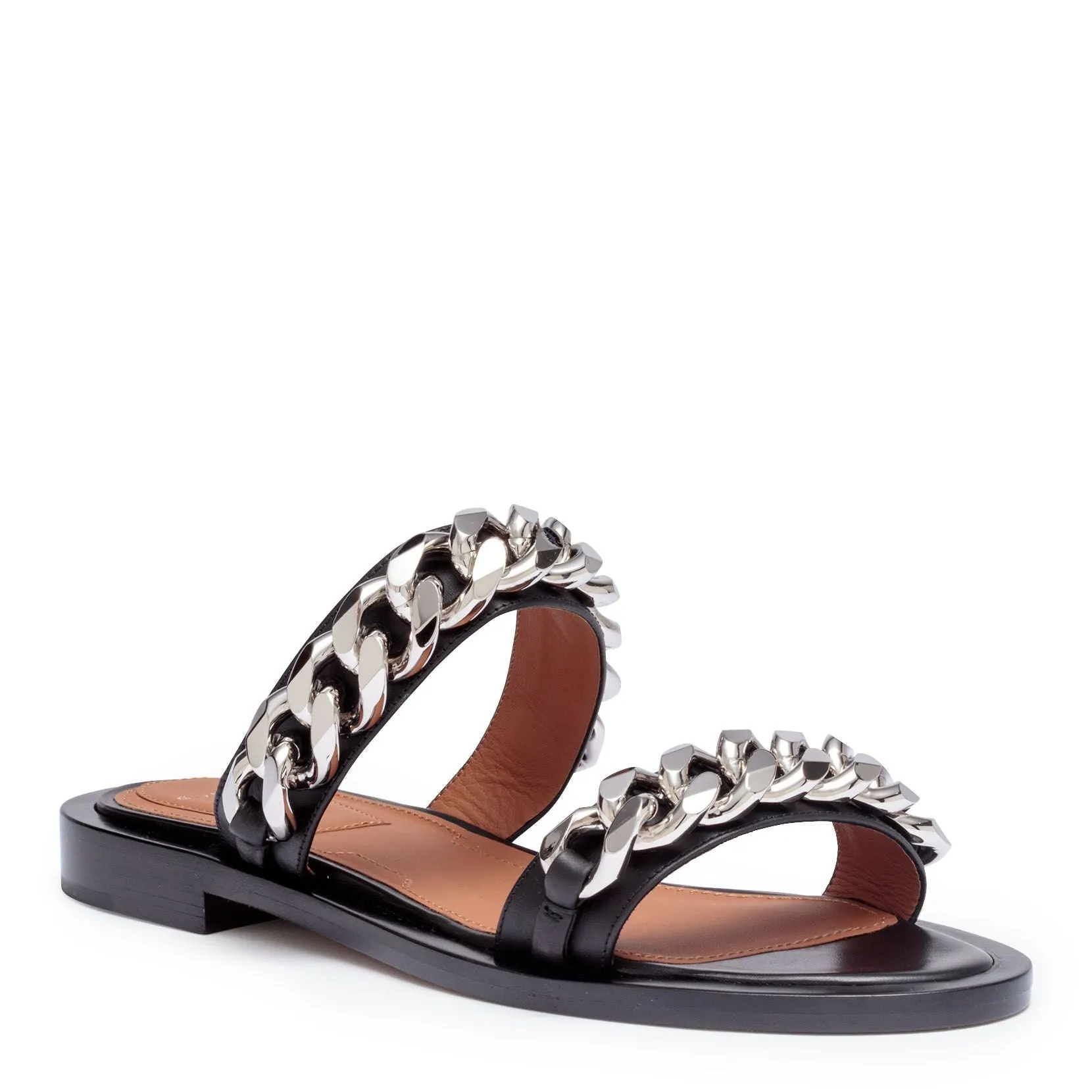 Black leather 2 chain flat sandals
