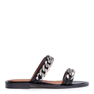 Black leather 2 chain flat sandals
