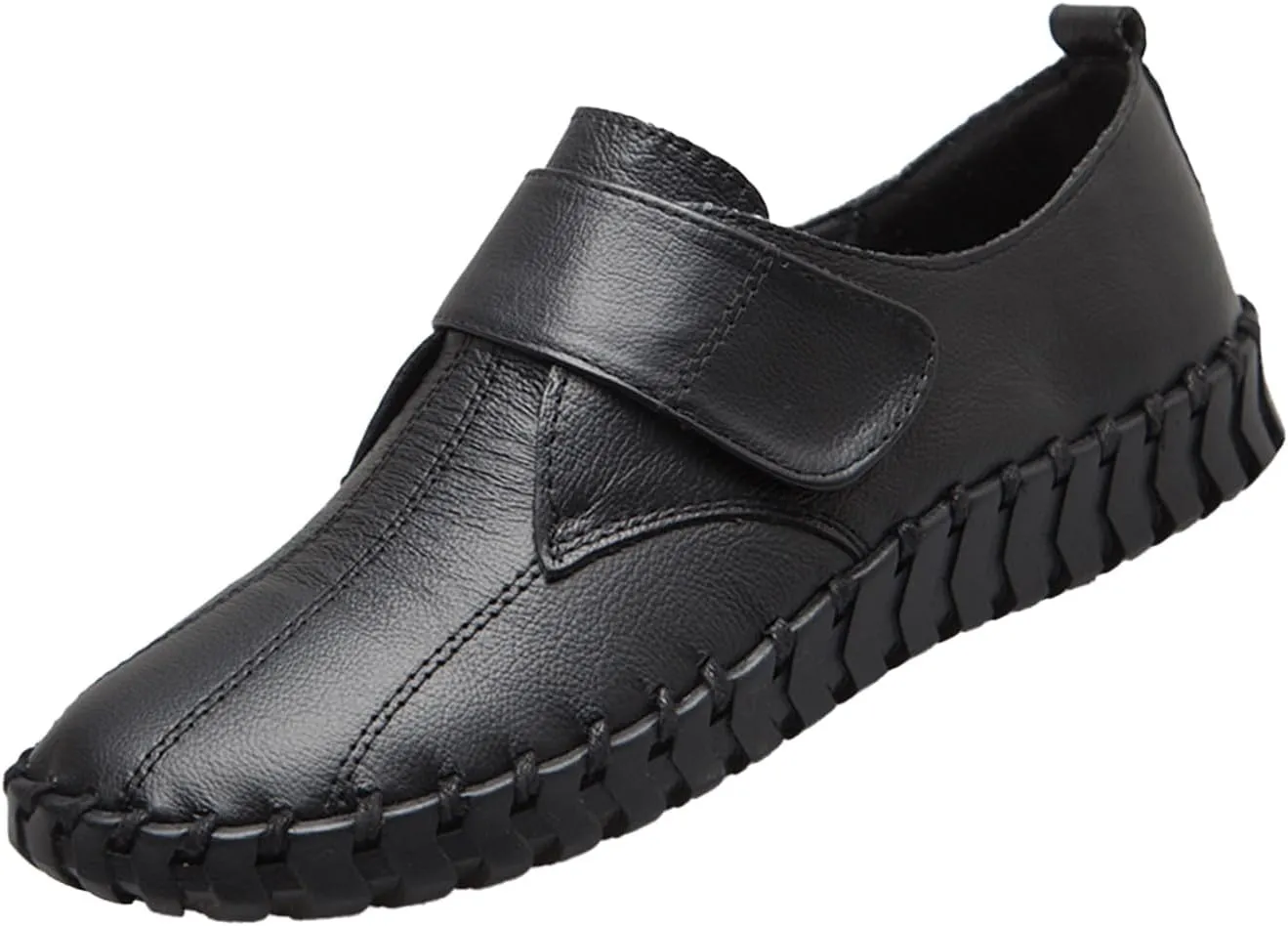 BlackeEight Women's Non Slip Nursing Shoes,Comfy Hand-Stitching Leather Non-Slip Softsole Hook and Loop Casual Walking Loafers