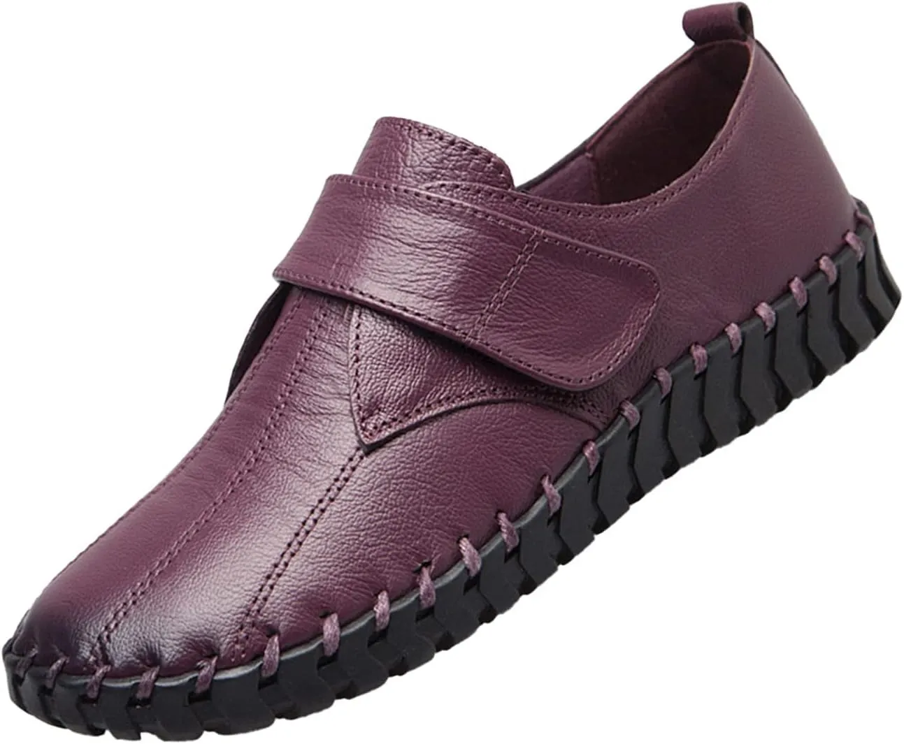 BlackeEight Women's Non Slip Nursing Shoes,Comfy Hand-Stitching Leather Non-Slip Softsole Hook and Loop Casual Walking Loafers