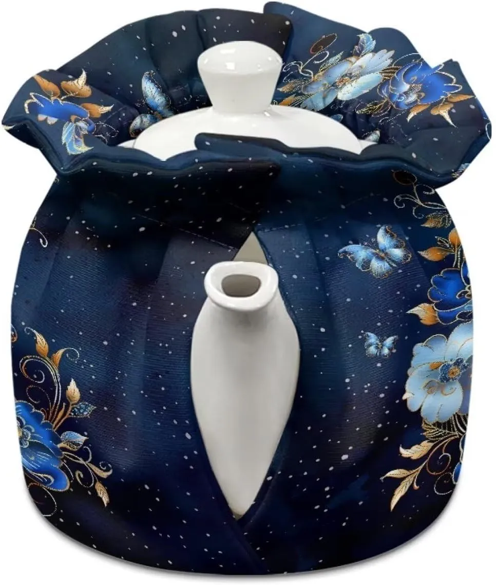 Blue Butterfly Tea Pot Tea Kettle Decorative Cover Soft Insulated Dustproof Bag Heat-Insulating Preventing Burns Dirt-Resistant Moving Teapot Protection Set Kitchen Accessories