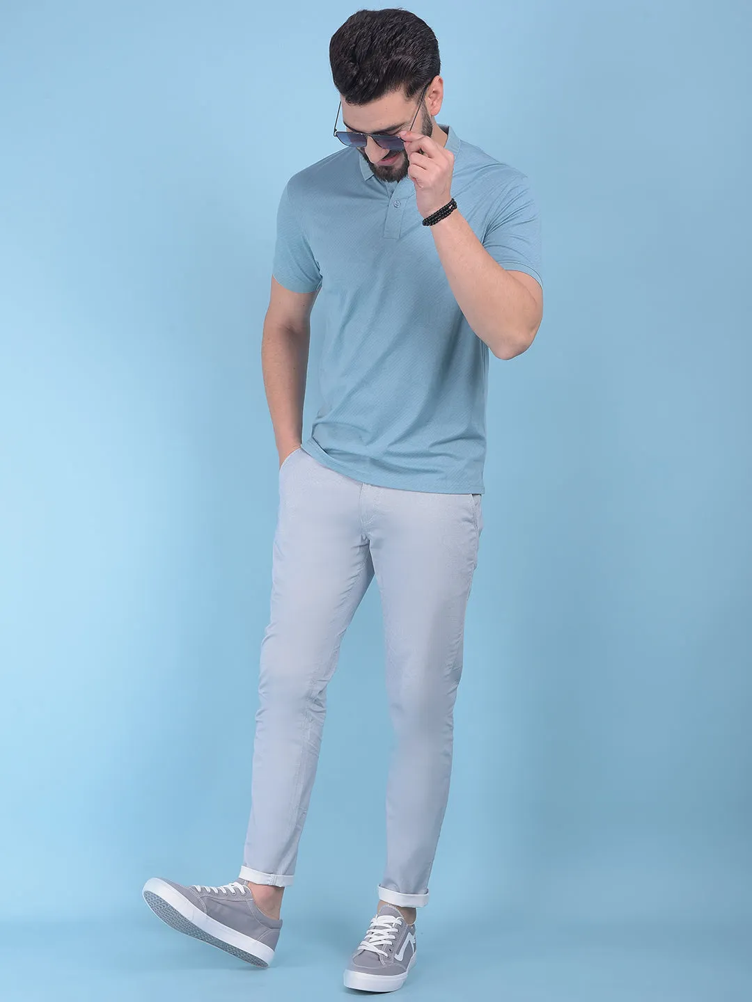 Blue Printed Stretchable Cotton Trousers