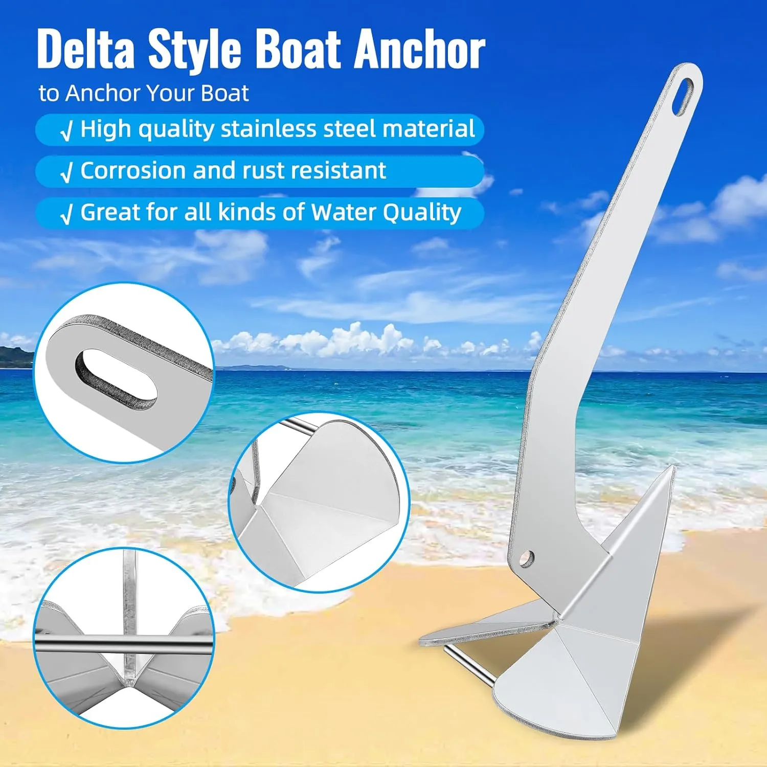 Boat Anchor, 316 Stainless Steel Delta-Style Anchor, Heavy Duty Triangular Anchor 11lbs Wing Style Triangle Anchor for 18 ft - 30 ft Boats