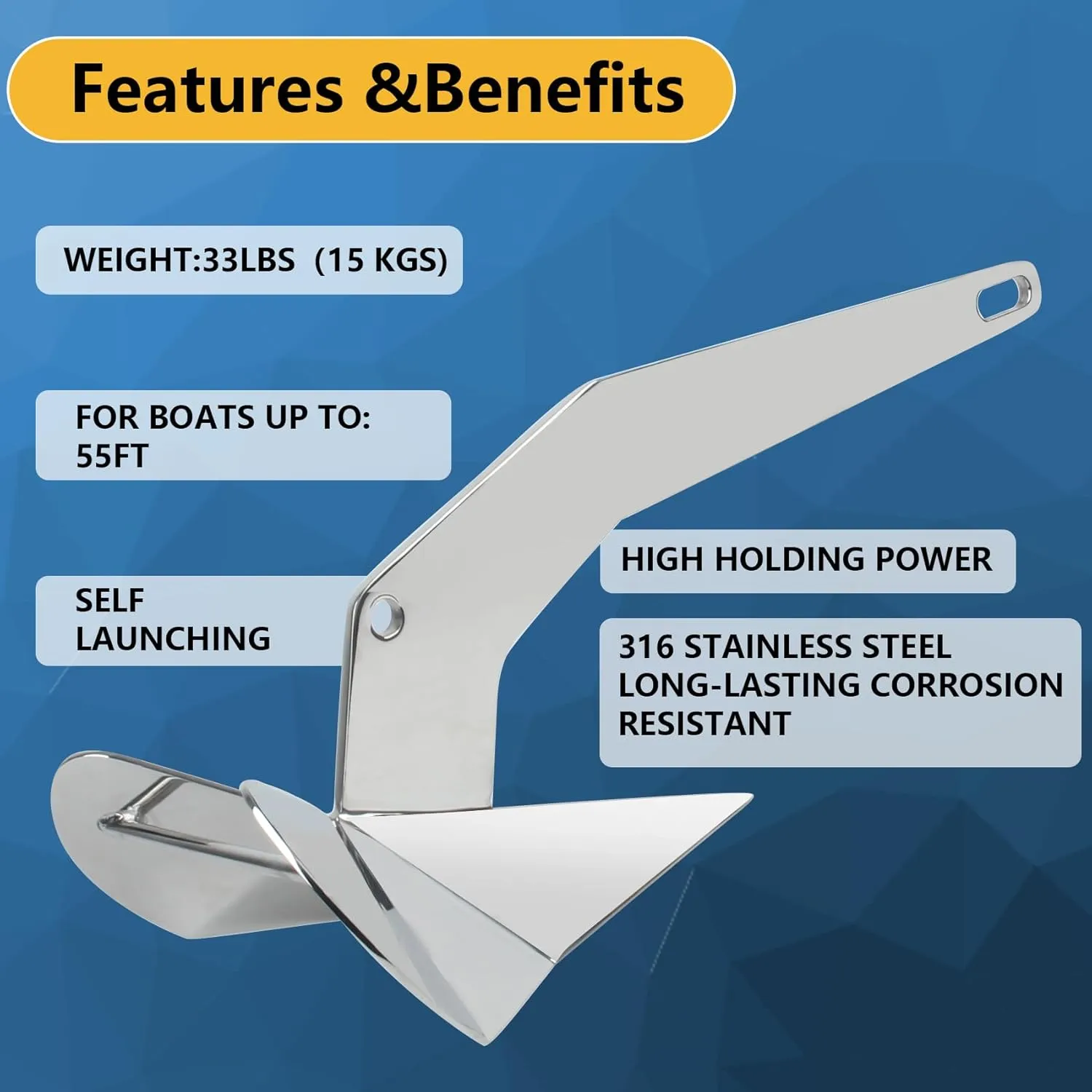 Boat Anchors, Delta Boat Anchor, Havey Duty 316 Stainless Steel Delta-Style Boat Anchor 9lbs/11lbs/13lbs/15.5lbs/18lbs/22lbs/33lbs Wing Style Triangle Anchor, for Pontoon, Deck, Fishing Boats, Sail