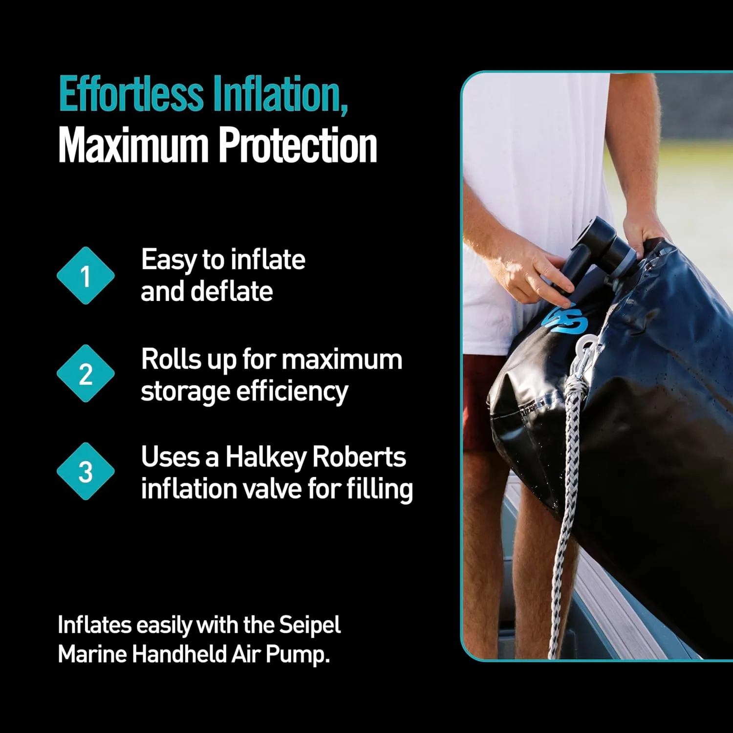Boat Bumper - Inflatable Dock & Tie-Up Protection - Durable UV Material - Double Welded Seams - Easy Setup - Includes Tie-Down Cleats & Ropes - 10 Ft - Black