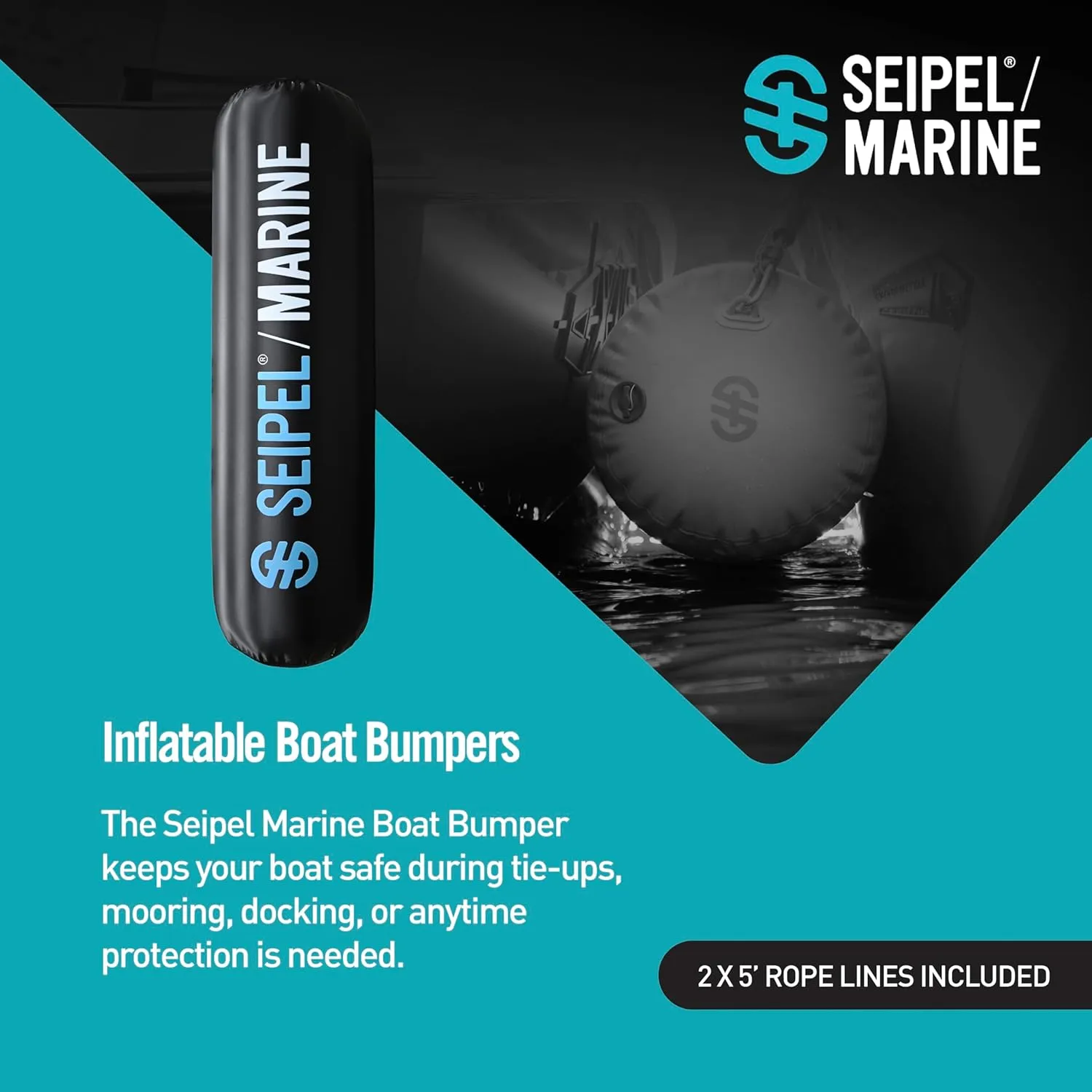 Boat Bumper - Inflatable Dock & Tie-Up Protection - Durable UV Material - Double Welded Seams - Easy Setup - Includes Tie-Down Cleats & Ropes - 10 Ft - Black