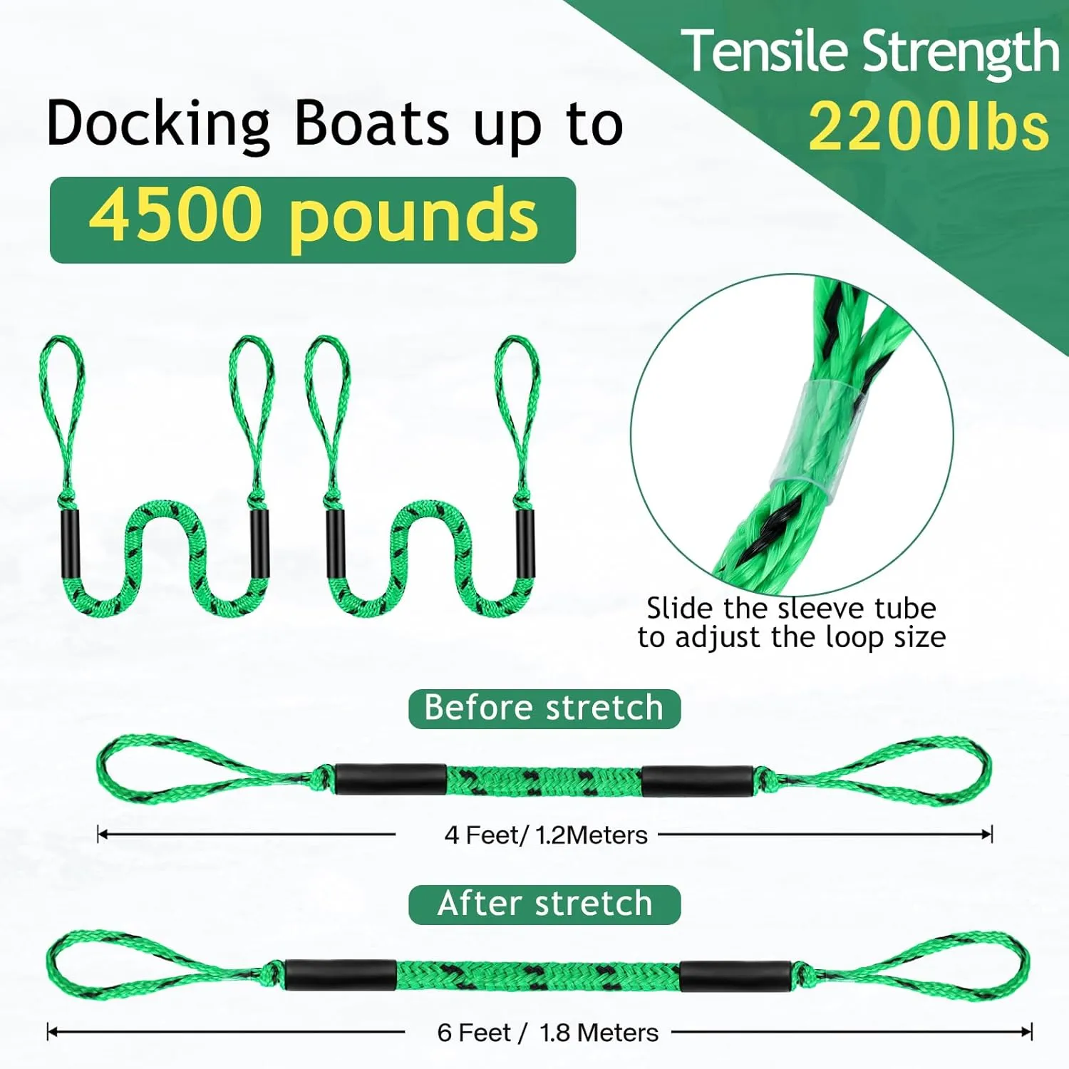Boat Bungee Dock Lines, 4 Feet Stretches to 6 Feet Mooring Rope 4-Pack for Docking, Mooring Line Boat Accessories Docking Ropes PWC Dock Ties for Boats (Green &Black 4 Pack)