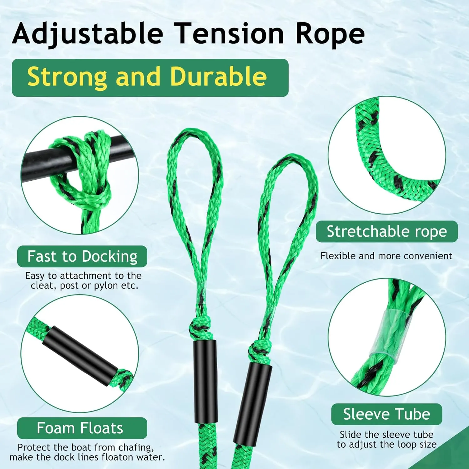 Boat Bungee Dock Lines, 4 Feet Stretches to 6 Feet Mooring Rope 4-Pack for Docking, Mooring Line Boat Accessories Docking Ropes PWC Dock Ties for Boats (Green &Black 4 Pack)