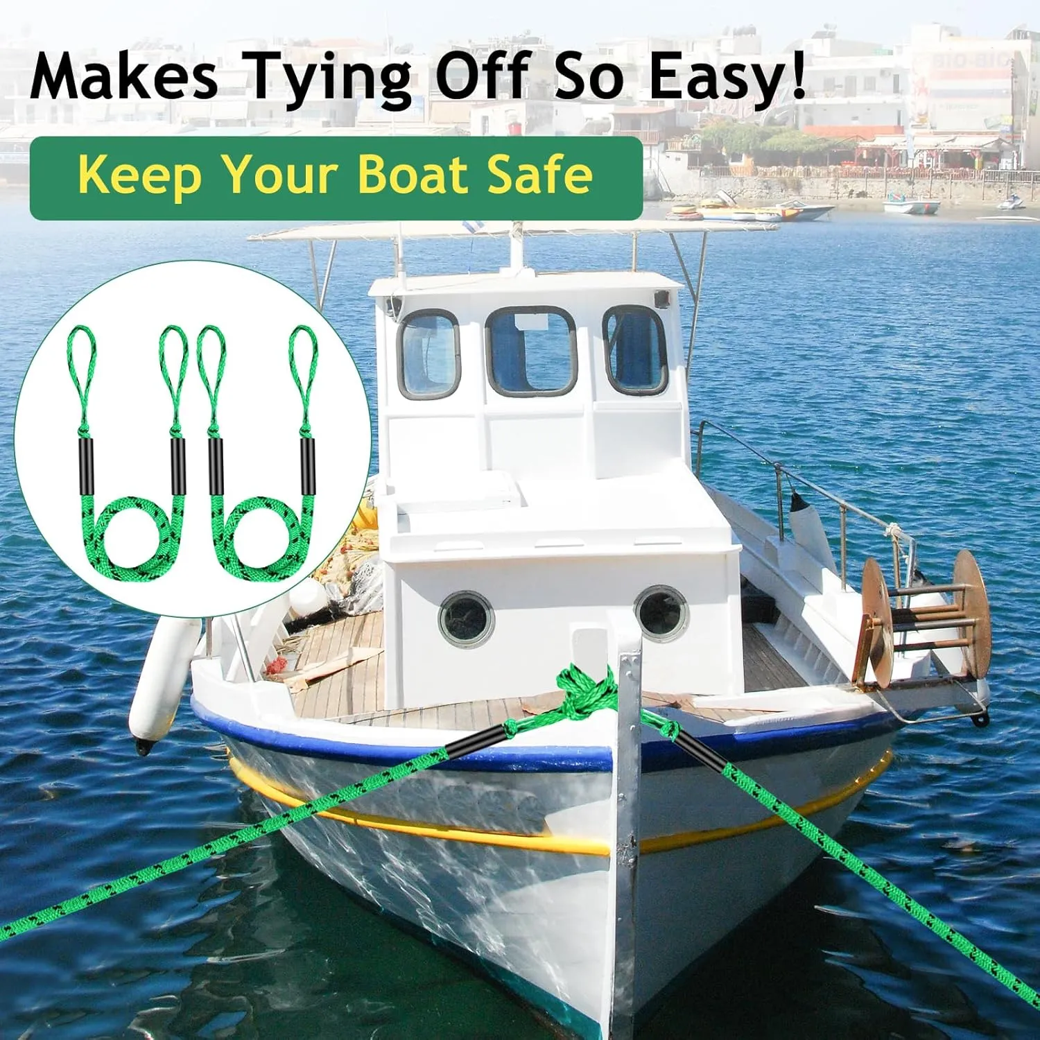 Boat Bungee Dock Lines, 4 Feet Stretches to 6 Feet Mooring Rope 4-Pack for Docking, Mooring Line Boat Accessories Docking Ropes PWC Dock Ties for Boats (Green &Black 4 Pack)