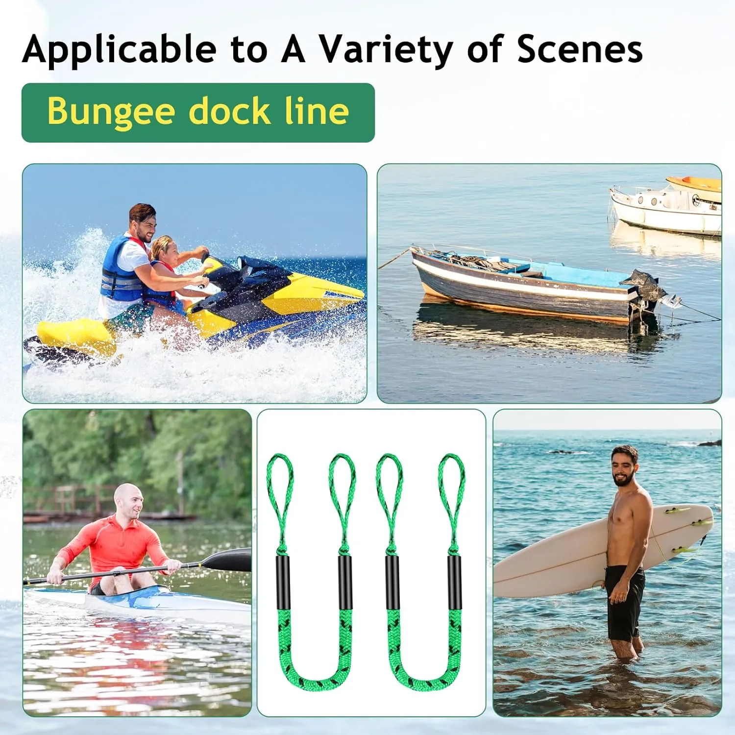 Boat Bungee Dock Lines, 4 Feet Stretches to 6 Feet Mooring Rope 4-Pack for Docking, Mooring Line Boat Accessories Docking Ropes PWC Dock Ties for Boats (Green &Black 4 Pack)