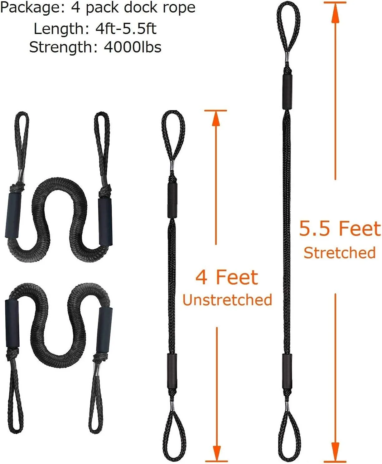 Boat Bungee Dock Lines Dock Rope Mooring Line Boat Accessories Docking Ropes PWC Dock Ties for Boats Pontoon, Jet Ski, SeaDoo, WaveRunner, Kayak