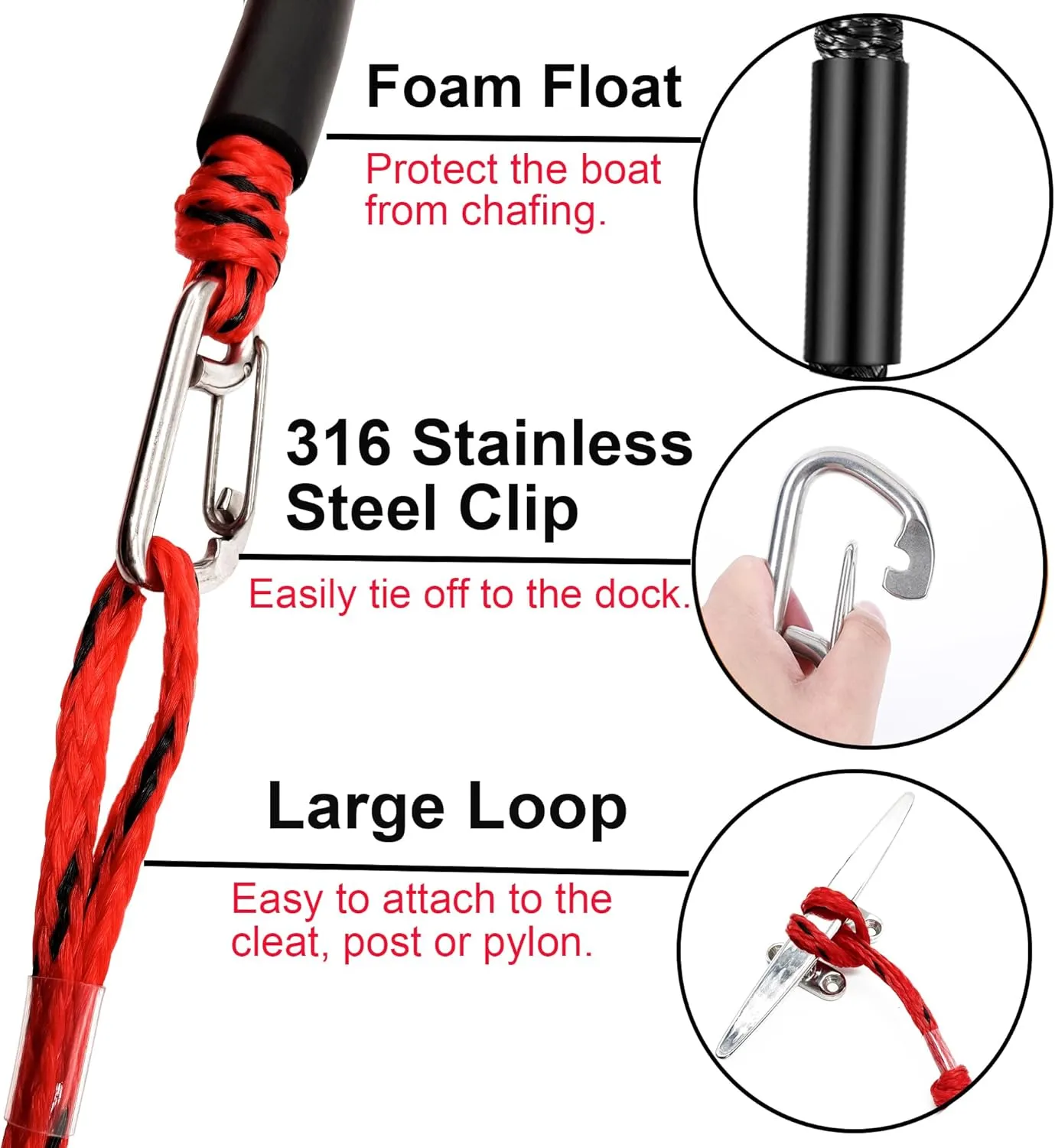 Boat Bungee Dock Lines, Mooring Rope with Stainless Steel Clip,Boat Ropes for Docking, Boat Accessories, Suit for PWC, Kayak, Jet Ski, Seadoo, WaveRunner, Pontoon, Bass Boat, 3ft (RED&Black)