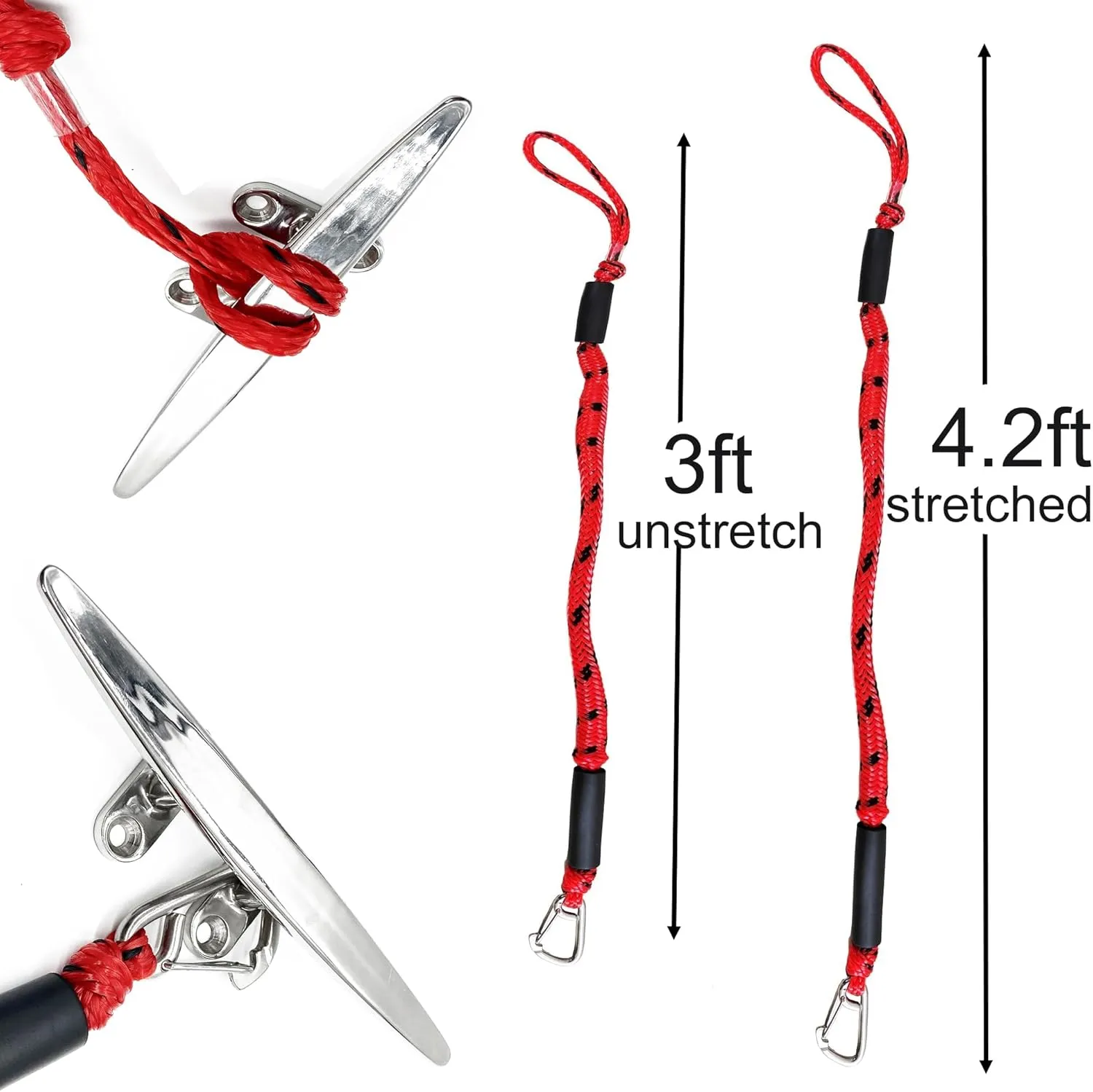 Boat Bungee Dock Lines, Mooring Rope with Stainless Steel Clip,Boat Ropes for Docking, Boat Accessories, Suit for PWC, Kayak, Jet Ski, Seadoo, WaveRunner, Pontoon, Bass Boat, 3ft (RED&Black)