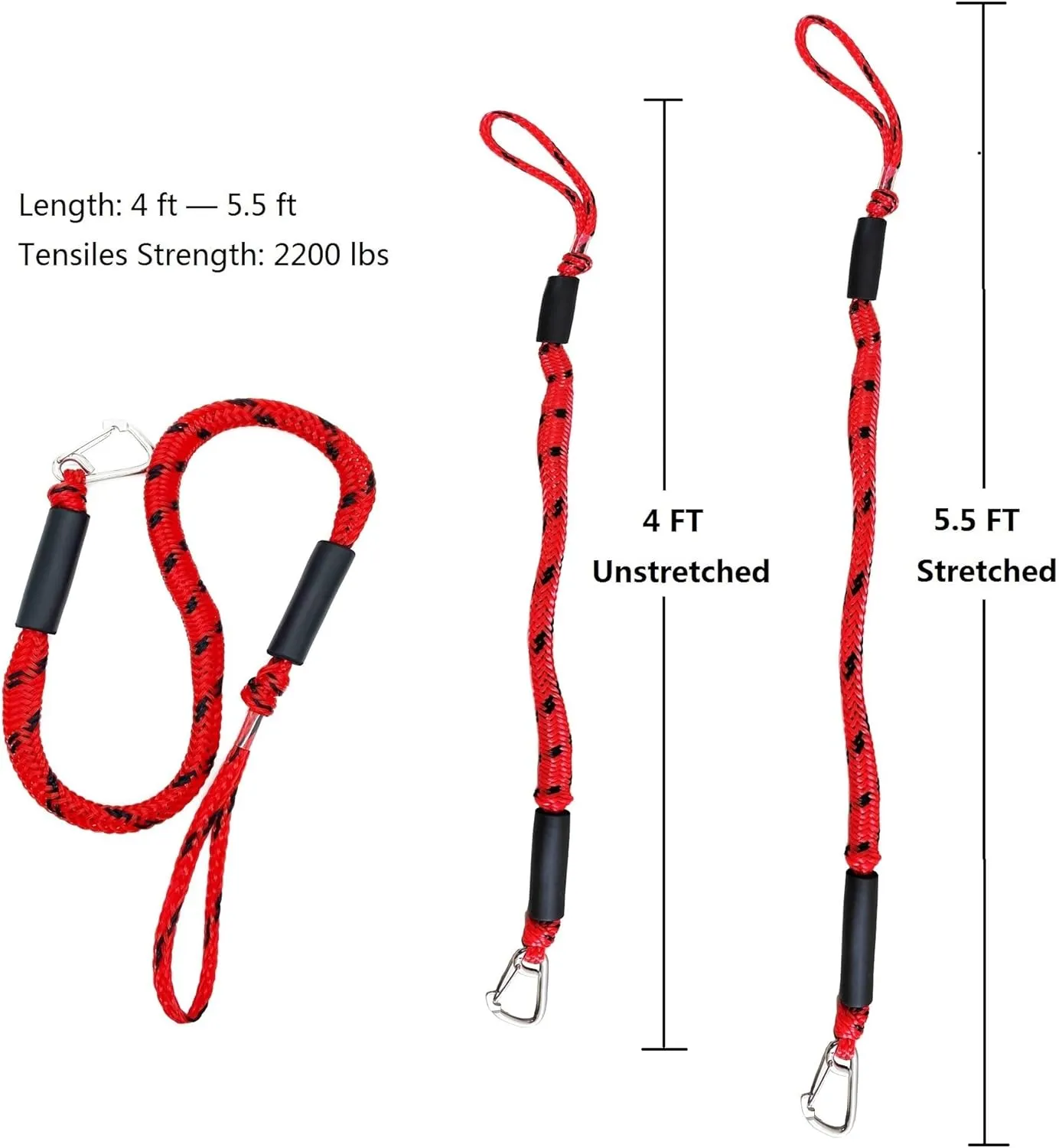Boat Bungee Dock Lines, Mooring Rope with Stainless Steel Clip,Boat Ropes for Docking, Boat Accessories, Suit for PWC, Kayak, Jet Ski, Seadoo, WaveRunner, Pontoon, Bass Boat, 4ft (RED&Black)