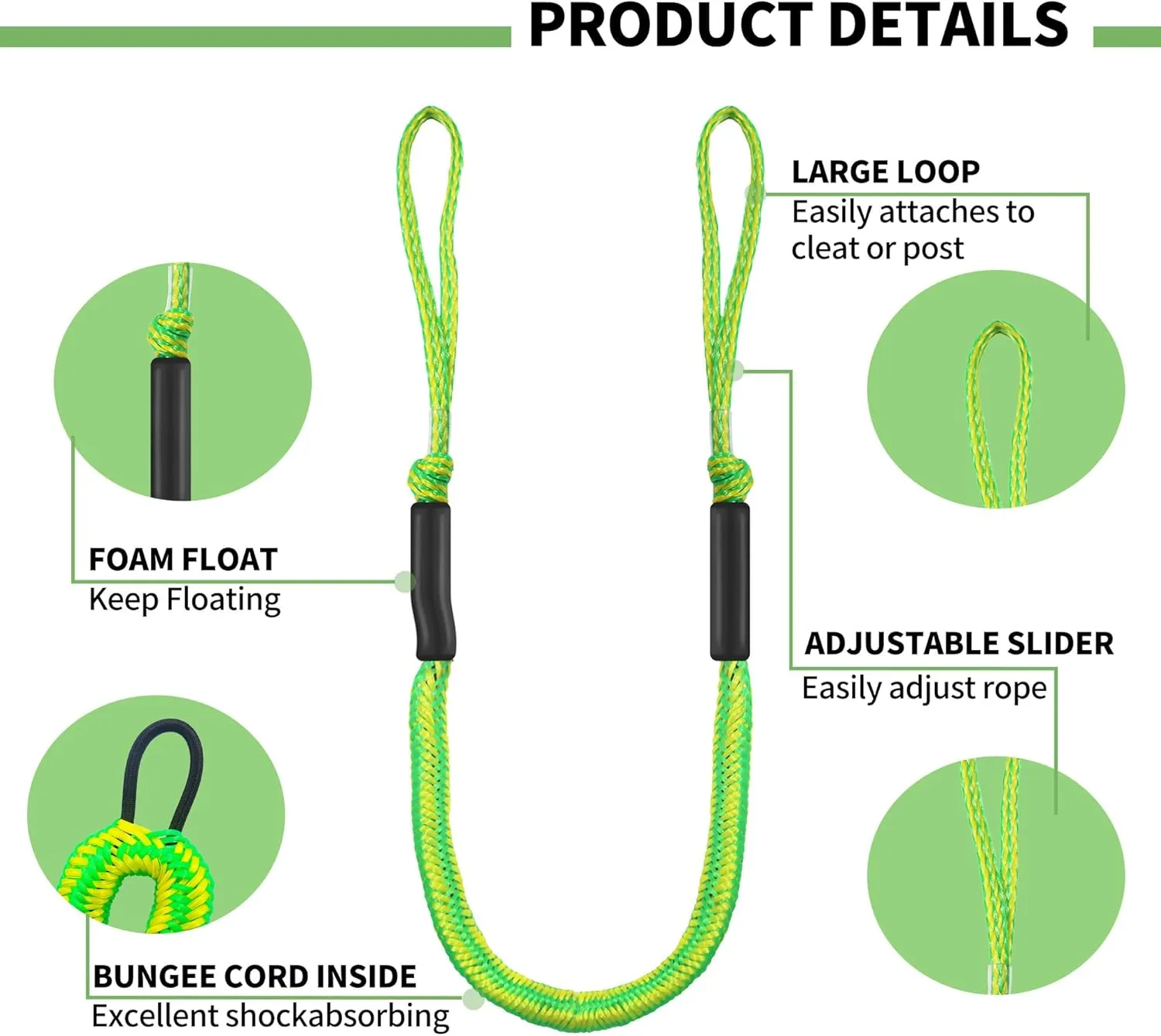 Boat Bungee Dock Lines with Loop and Foam Floats – 4FT (Extends to 5.5FT) Elastic Mooring Ropes for Quick Temporary Docking for Pontoon, Jon Boat, and Small Vessels,2Pack (Green&Yellow)