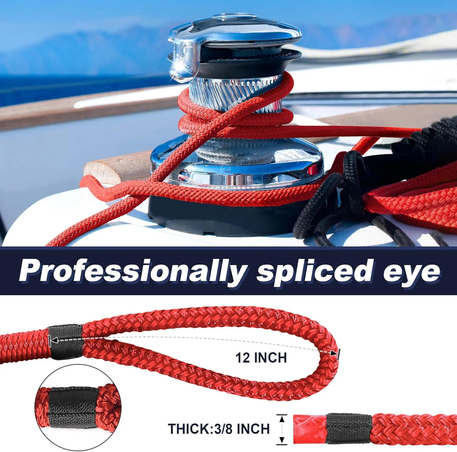 Boat Dock Lines 2 Pack Double Braided Nylon Marine Dock Lines for Boats,3/8 Inch x 15 FT Mooring Lines, with 12" Eyelet Boat Ropes for Docking with Loop -Red