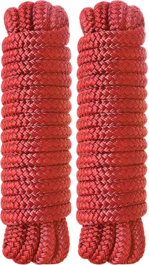 Boat Dock Lines 2 Pack Double Braided Nylon Marine Dock Lines for Boats,3/8 Inch x 15 FT Mooring Lines, with 12" Eyelet Boat Ropes for Docking with Loop -Red