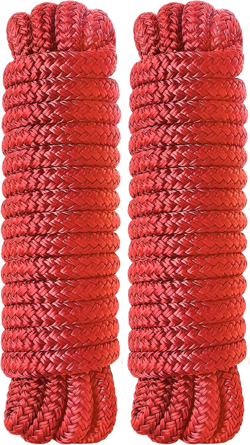 Boat Dock Lines 2 Pack Double Braided Nylon Marine Dock Lines for Boats,3/8 Inch x 15 FT Mooring Lines, with 12" Eyelet Boat Ropes for Docking with Loop -Red