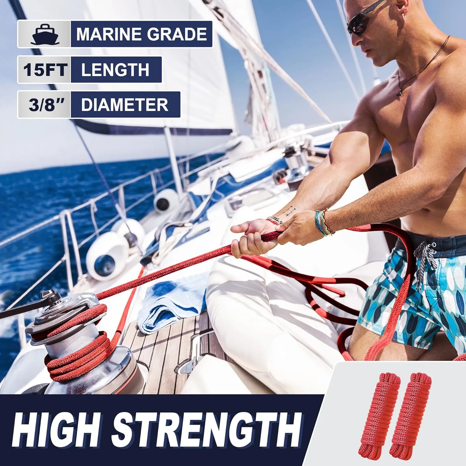Boat Dock Lines 2 Pack Double Braided Nylon Marine Dock Lines for Boats,3/8 Inch x 15 FT Mooring Lines, with 12" Eyelet Boat Ropes for Docking with Loop -Red