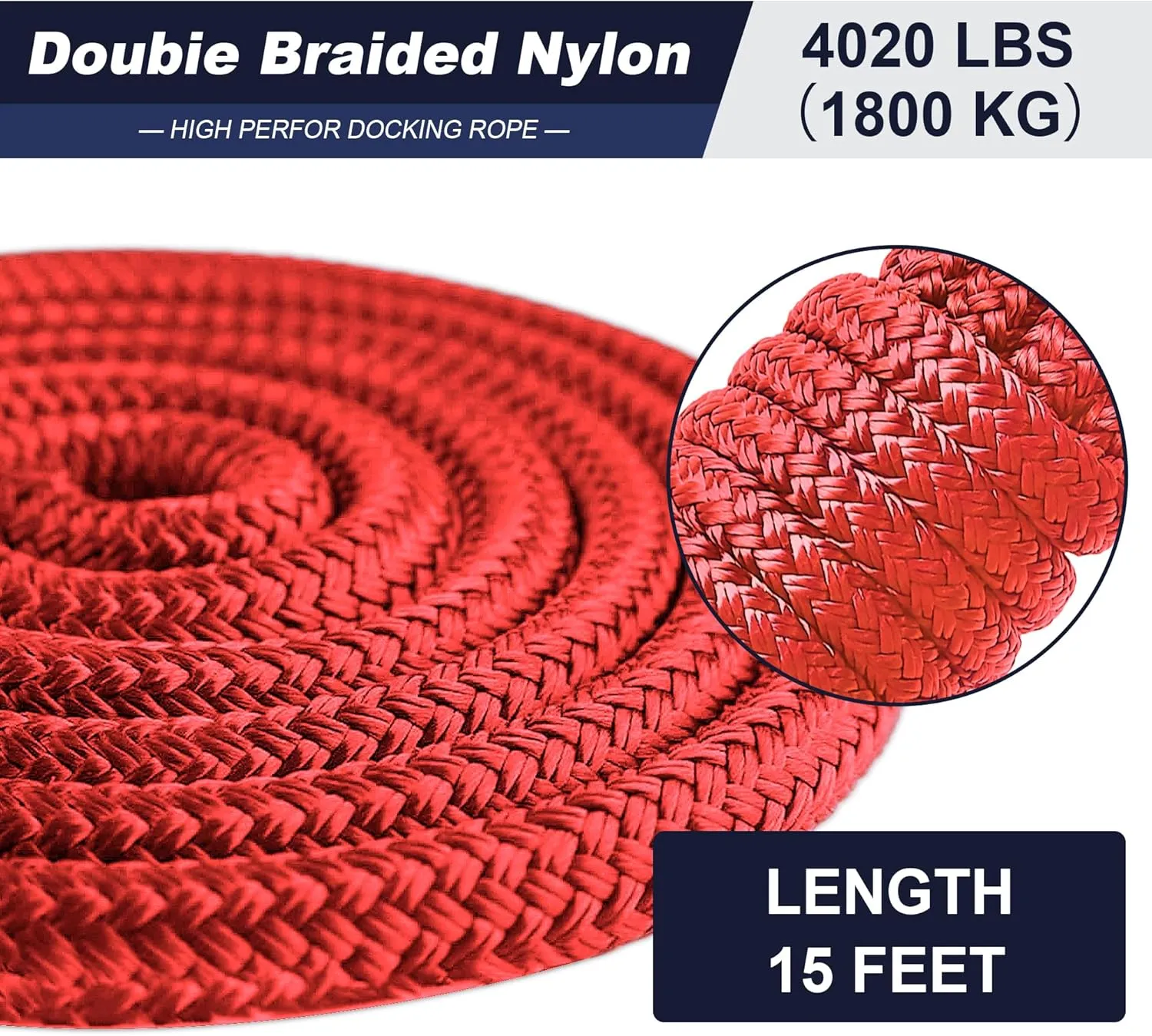 Boat Dock Lines 2 Pack Double Braided Nylon Marine Dock Lines for Boats,3/8 Inch x 15 FT Mooring Lines, with 12" Eyelet Boat Ropes for Docking with Loop -Red