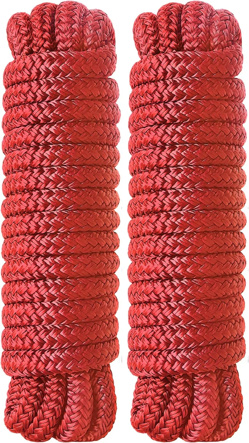 Boat Dock Lines 2 Pack Double Braided Nylon Marine Dock Lines for Boats,3/8 Inch x 15 FT Mooring Lines, with 12" Eyelet Boat Ropes for Docking with Loop -Red