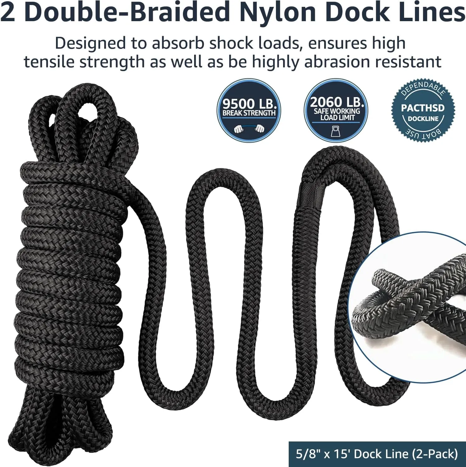 Boat Dock Lines Marine Rope 5/8" x 15' Marine-Grade Double Braided Nylon Dock Line with 15" Loop Boat Lines Dock Rope, Easy Handling Dock Lines for Boats, Fray Resistant - 2 Pack, Black