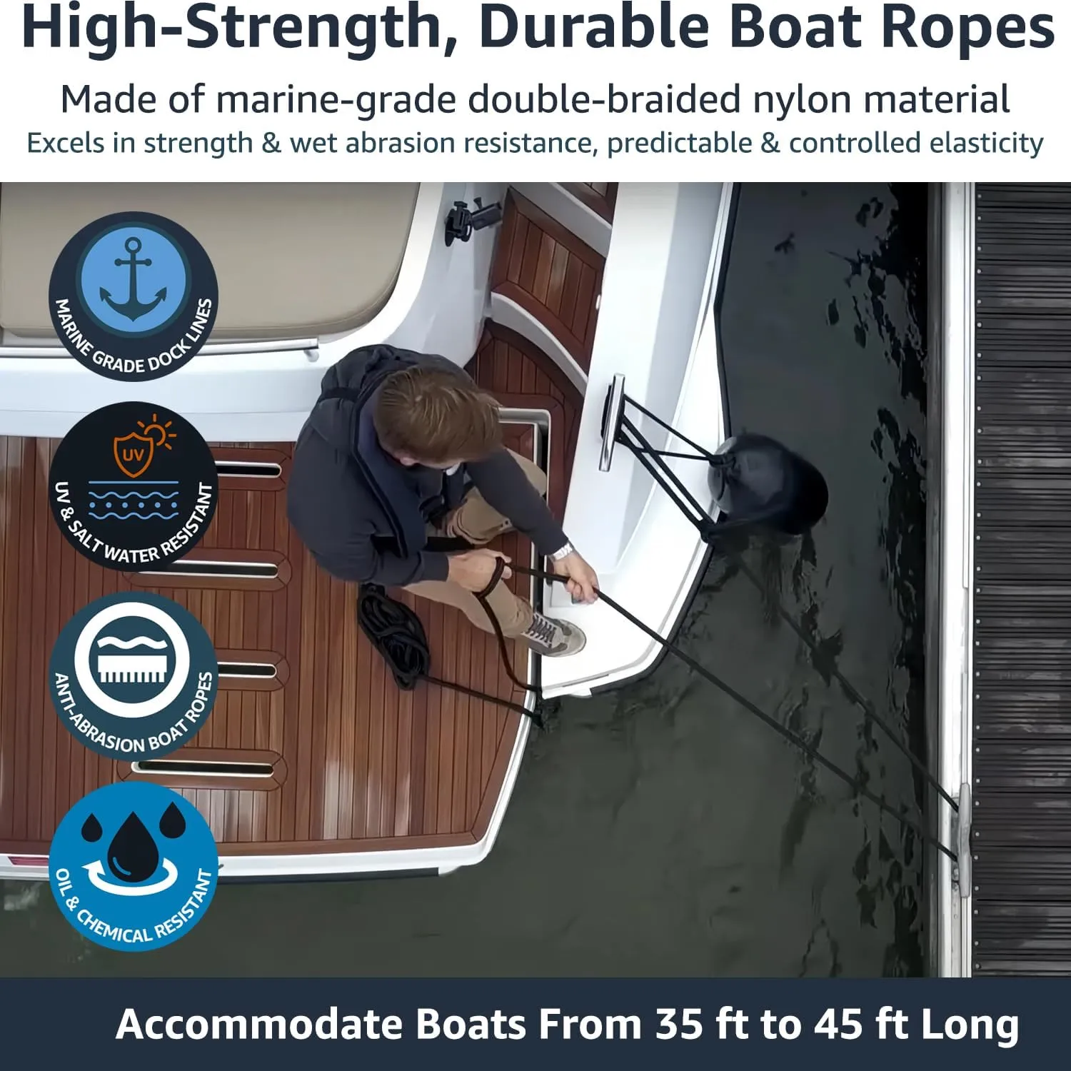 Boat Dock Lines Marine Rope 5/8" x 15' Marine-Grade Double Braided Nylon Dock Line with 15" Loop Boat Lines Dock Rope, Easy Handling Dock Lines for Boats, Fray Resistant - 2 Pack, Black