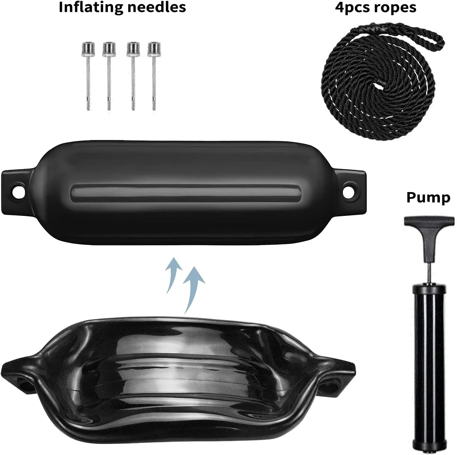 Boat Fenders 4Pack 4.5"/5.5."/6.5"/8.5" Inflatable Ribbed Marine Boat Fender with Fender Lines 6.5ft Needles and Pump for Twin Eyes Boat Fender Bumpers for Docking Fenders Use to Yacht Etc