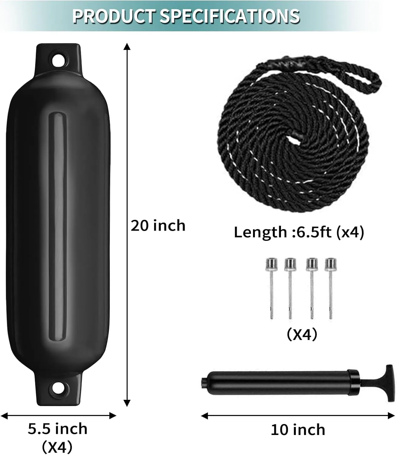 Boat Fenders 4Pack 4.5"/5.5."/6.5"/8.5" Inflatable Ribbed Marine Boat Fender with Fender Lines 6.5ft Needles and Pump for Twin Eyes Boat Fender Bumpers for Docking Fenders Use to Yacht Etc