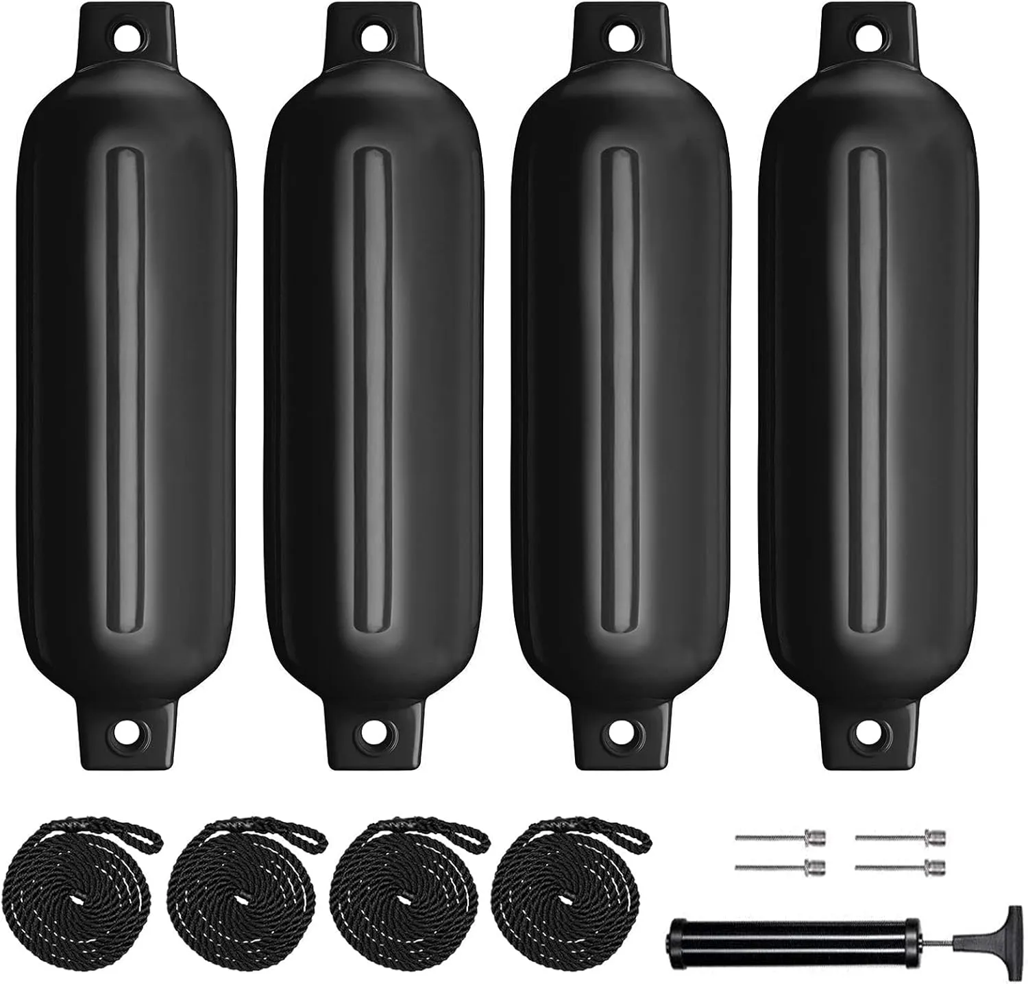 Boat Fenders 4Pack 4.5"/5.5."/6.5"/8.5" Inflatable Ribbed Marine Boat Fender with Fender Lines 6.5ft Needles and Pump for Twin Eyes Boat Fender Bumpers for Docking Fenders Use to Yacht Etc