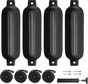 Boat Fenders 4Pack 4.5"/5.5."/6.5"/8.5" Inflatable Ribbed Marine Boat Fender with Fender Lines 6.5ft Needles and Pump for Twin Eyes Boat Fender Bumpers for Docking Fenders Use to Yacht Etc
