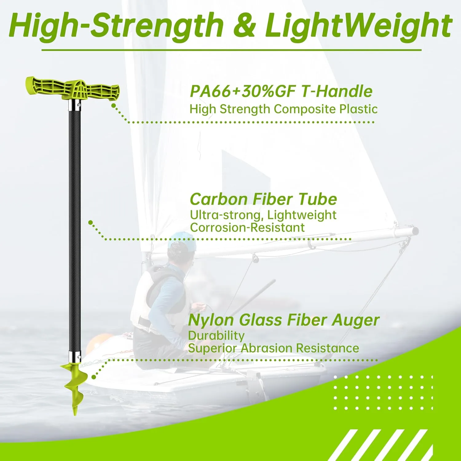Boat Sand Anchor,Carbon Fiber Shallow Water Anchor with T-Handle and Nylon Glass Fiber Auger,Corrosion-Resistant Sand Anchor for Under 23ft Boat and Kayak Anchor, Green
