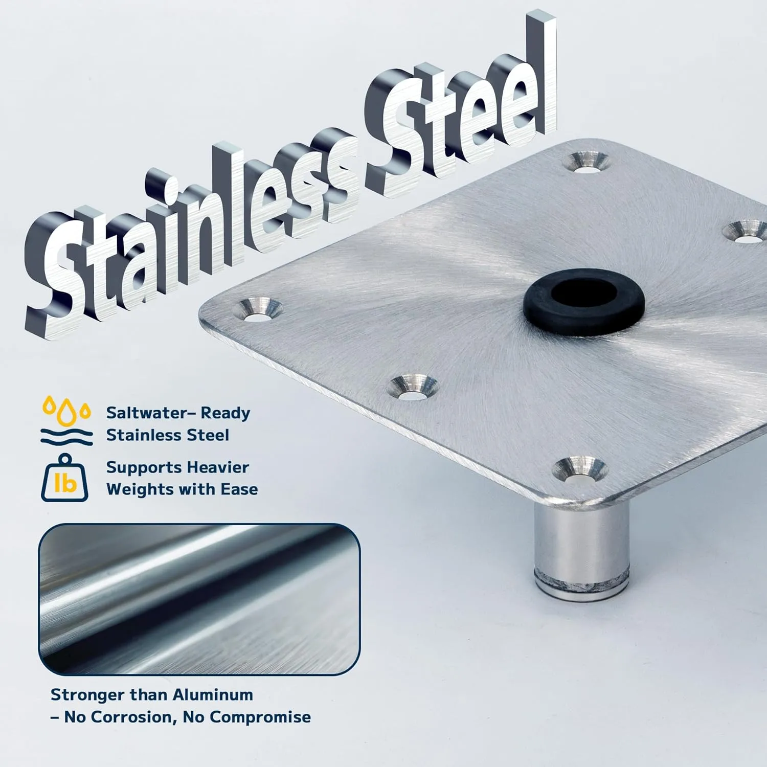 Boat Seat Base 7" x 7",Stainless Steel Boat Seat Pedestal Base Plate for 3/4" Pin Post Socket,Seat Post Base Mount for Jon Boat