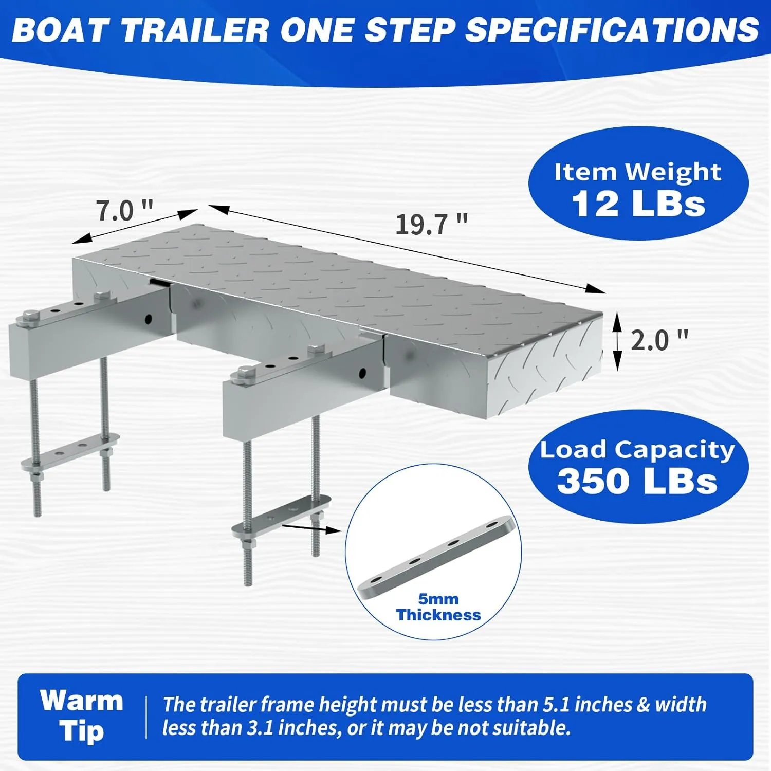 Boat Trailer One Step with Non-Slip Surface, Heavy Duty 350 lbs Capacity, Fits for 5"x3" Frame – Easy Boarding Step for Boat Trailers