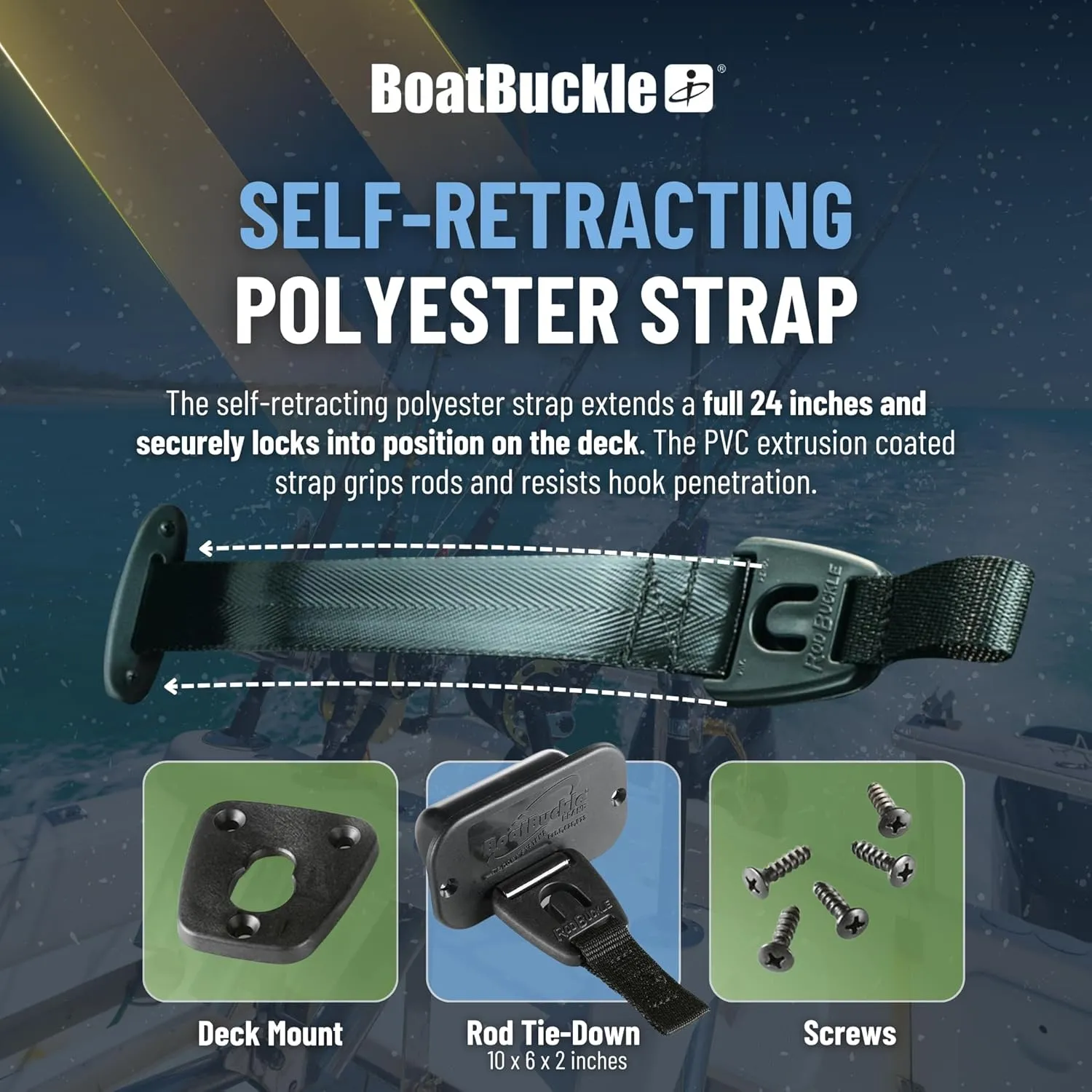 BoatBuckle Gunwale/Deck Mount Retractable Rod Tie-Down, 24-Inch Self-Retracting Fishing Rod Holder for Boats