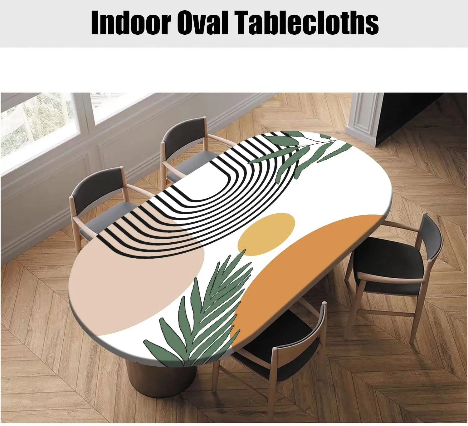 Boho Oval Fitted Tablecloths, Arch Sun Beige Moon Pattern Print Elastic Edged Table Cover, Waterproof Table Cloth Wrinkle Resistant Indoor Family Banquet Use, Fits to Oblong 48" W X 68" L Table