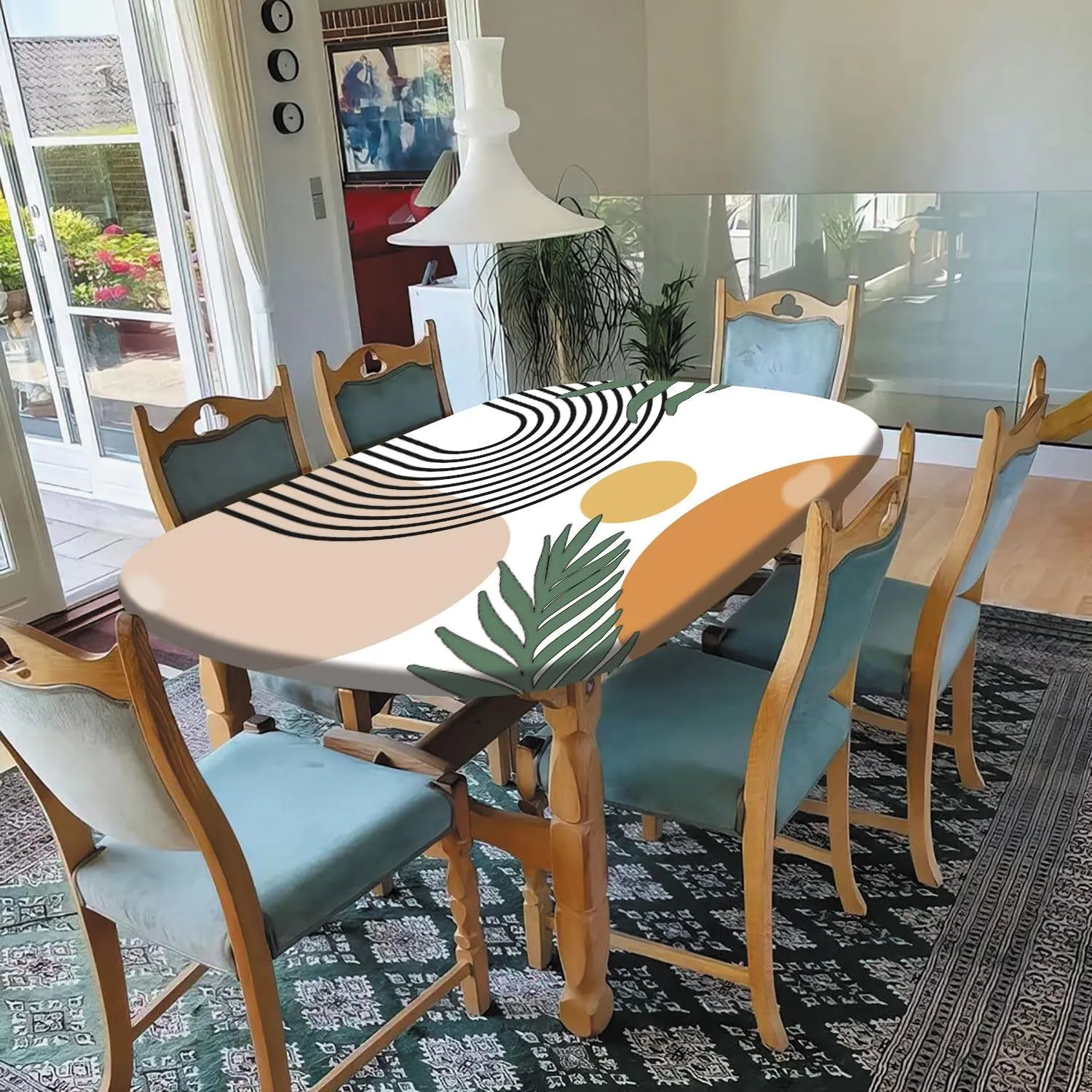 Boho Oval Fitted Tablecloths, Arch Sun Beige Moon Pattern Print Elastic Edged Table Cover, Waterproof Table Cloth Wrinkle Resistant Indoor Family Banquet Use, Fits to Oblong 48" W X 68" L Table