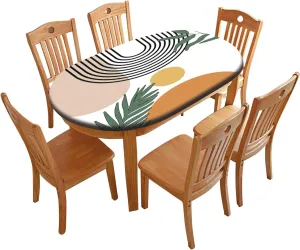 Boho Oval Fitted Tablecloths, Arch Sun Beige Moon Pattern Print Elastic Edged Table Cover, Waterproof Table Cloth Wrinkle Resistant Indoor Family Banquet Use, Fits to Oblong 48" W X 68" L Table