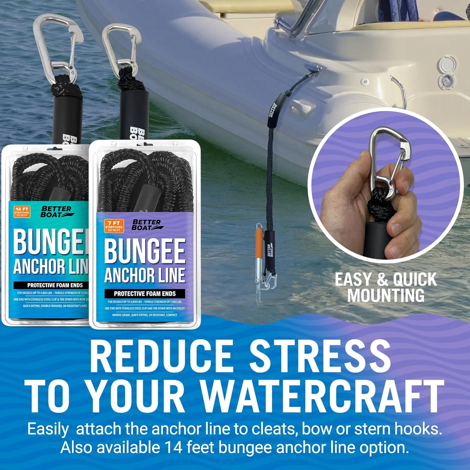 Bungee Anchor Rope, Elastic Snubber Anchor Line, 7 ft to 14 ft Stretch, Black, for Boats and Anchors