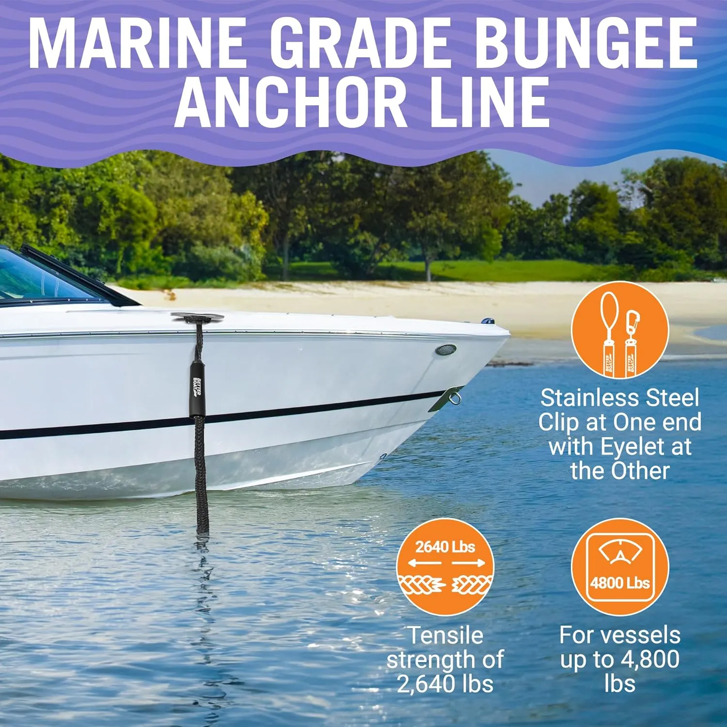 Bungee Anchor Rope, Elastic Snubber Anchor Line, 7 ft to 14 ft Stretch, Black, for Boats and Anchors