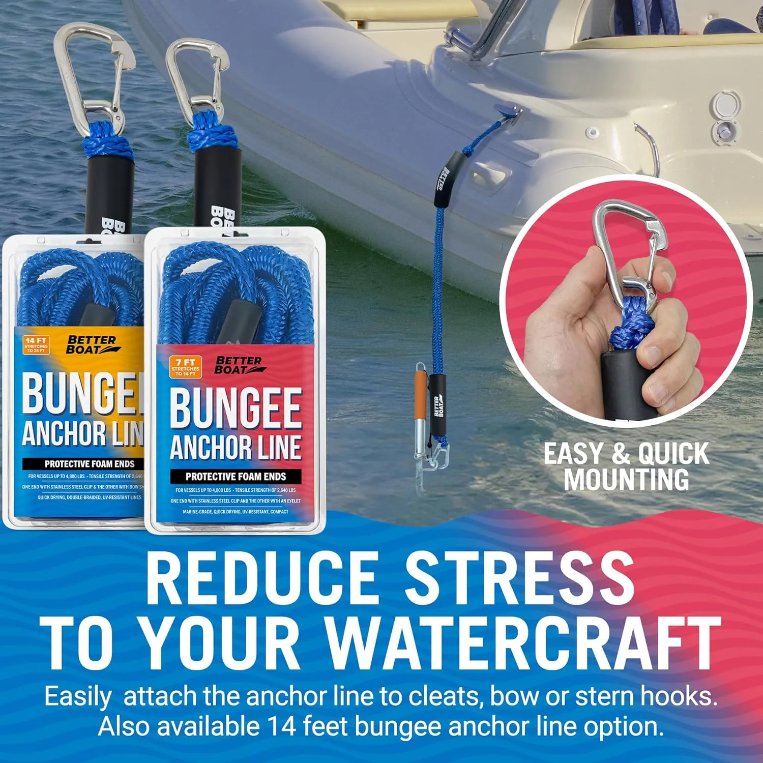Bungee Anchor Rope, Elastic Snubber Anchor Line, 7 ft to 14 ft Stretch, Blue, for Boats and Anchors