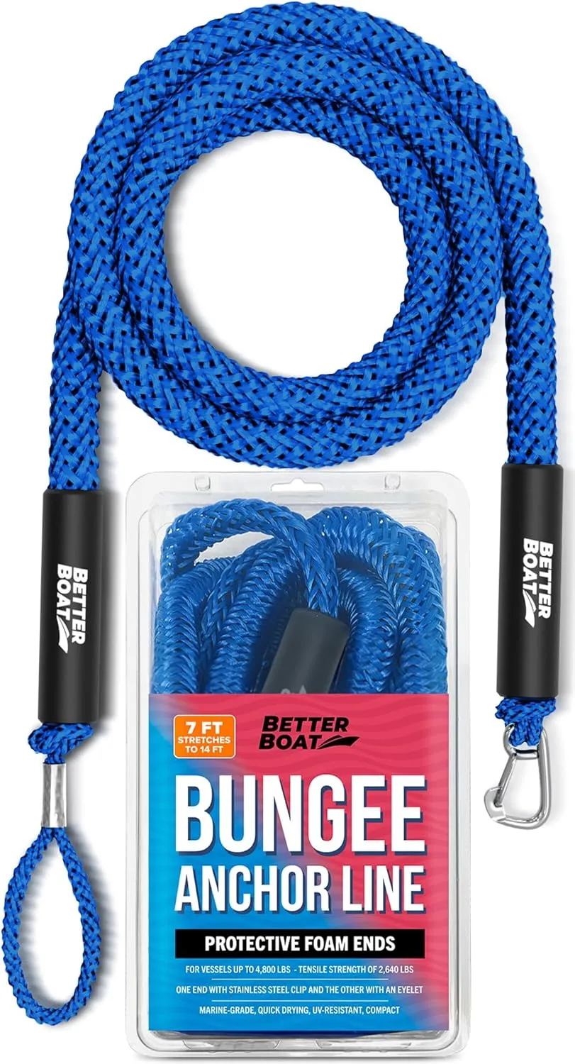 Bungee Anchor Rope, Elastic Snubber Anchor Line, 7 ft to 14 ft Stretch, Blue, for Boats and Anchors
