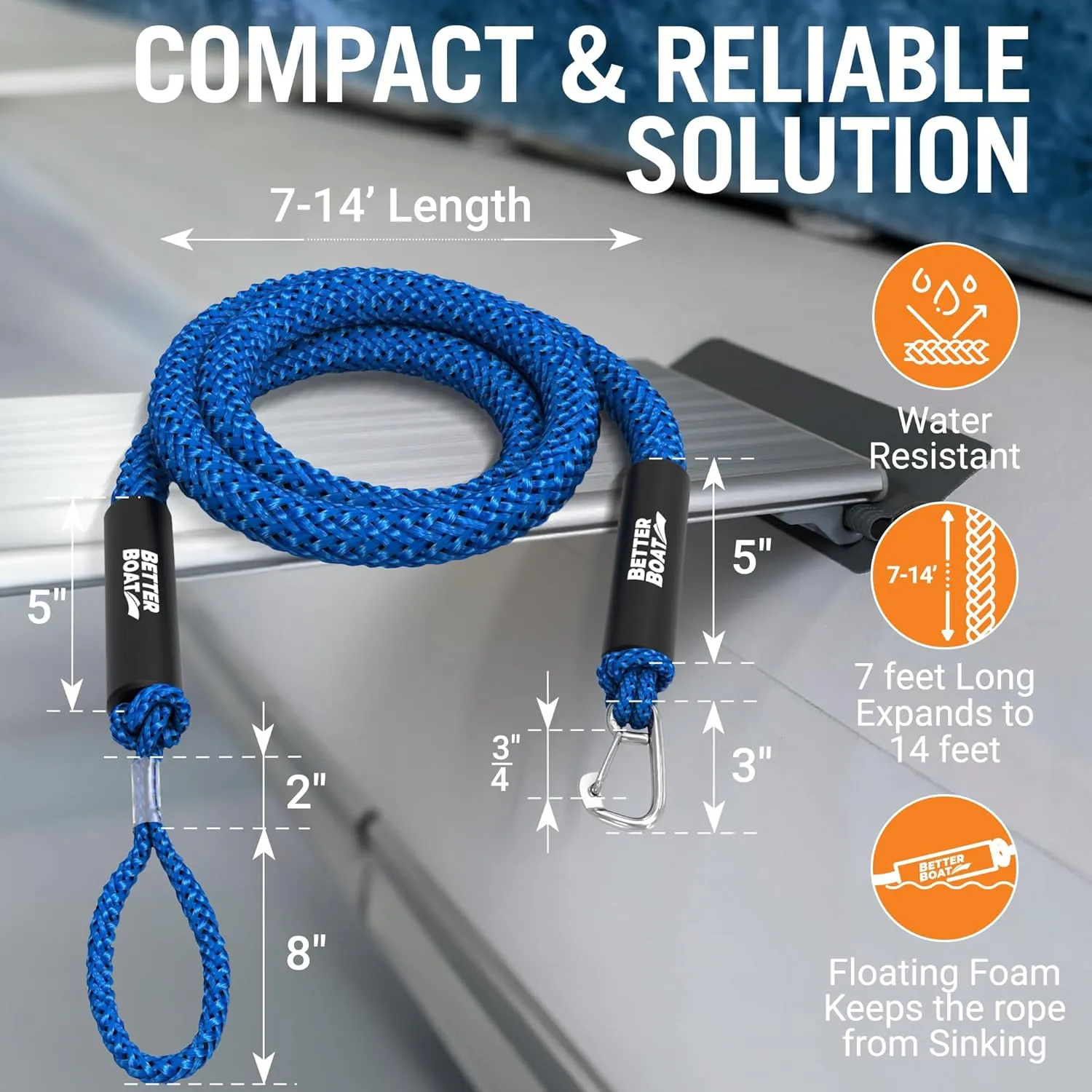 Bungee Anchor Rope, Elastic Snubber Anchor Line, 7 ft to 14 ft Stretch, Blue, for Boats and Anchors