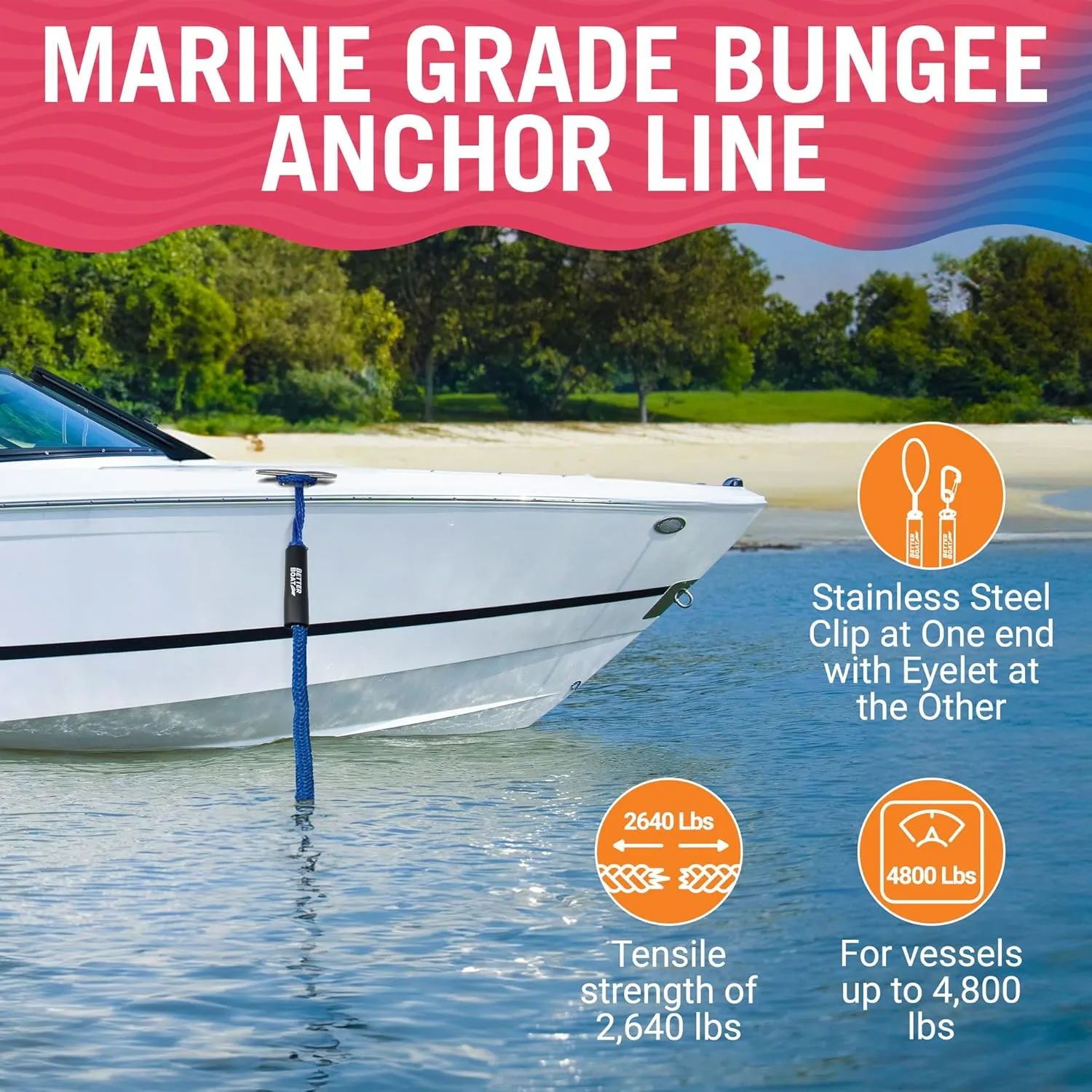 Bungee Anchor Rope, Elastic Snubber Anchor Line, 7 ft to 14 ft Stretch, Blue, for Boats and Anchors